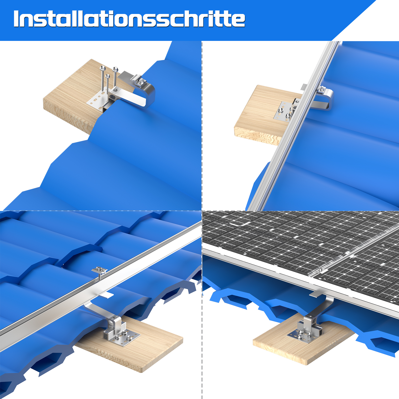 Montage von Solarpanel-Halterungen auf blauen Dachziegeln mit Holzunterlage.