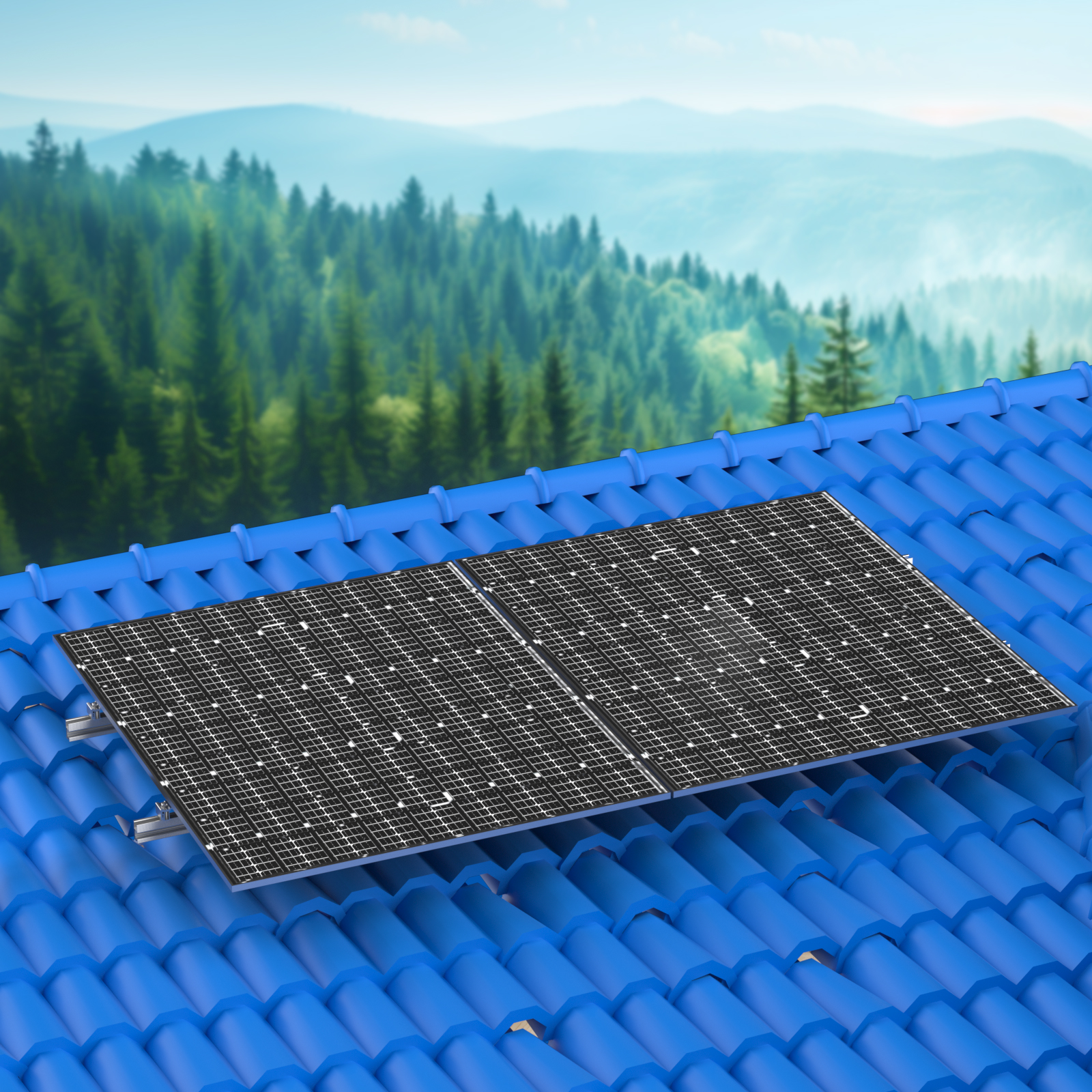 Zwei Solarmodule auf einem blauen Ziegeldach mit Wald und Bergen im Hintergrund.