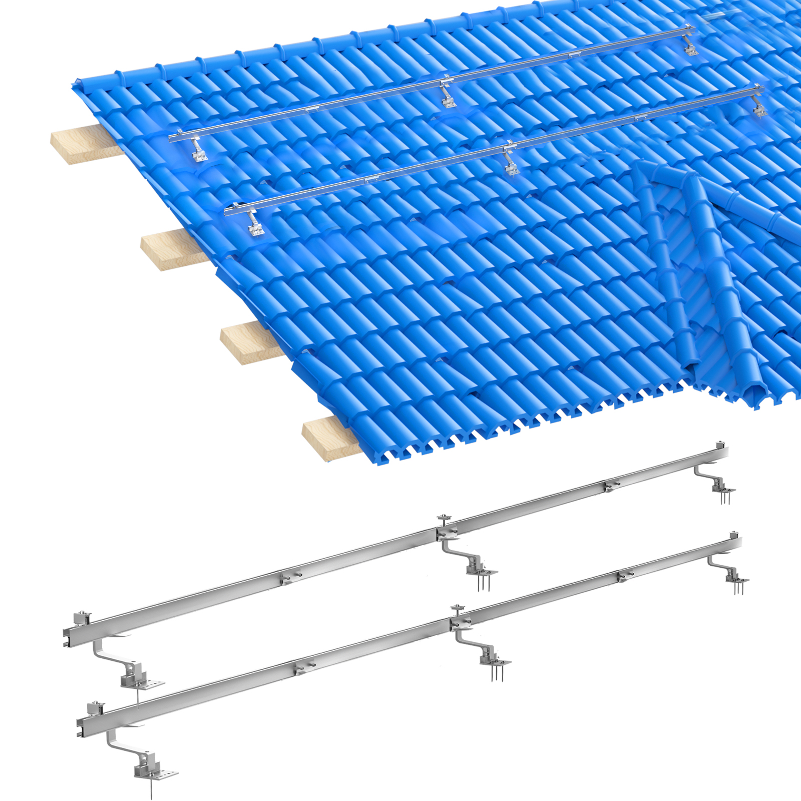 Blau geflieste Dach mit Metallmontageschienen und Holzbalken.