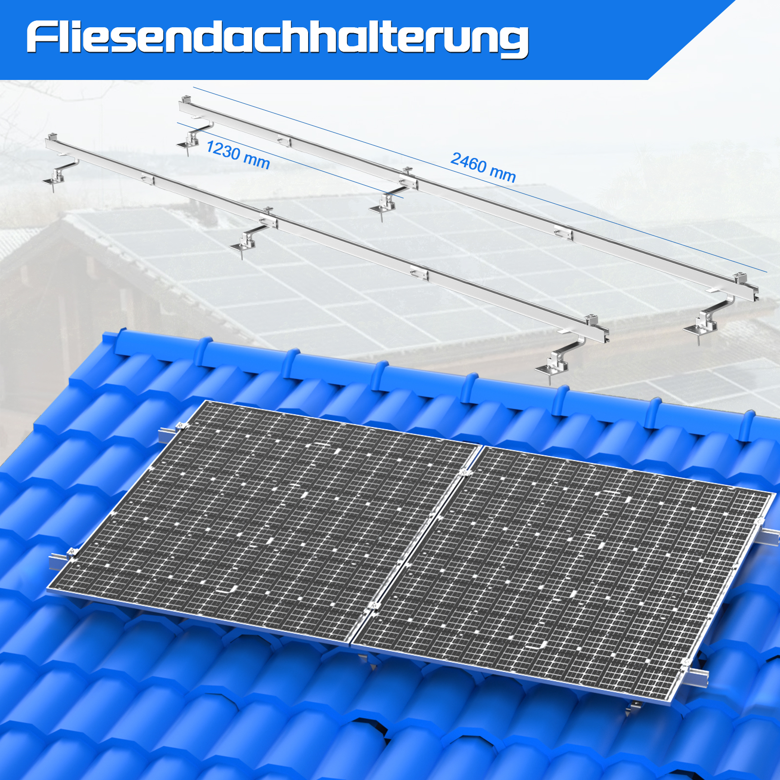 Montagesystem für Solarmodule auf einem blauen Ziegeldach.