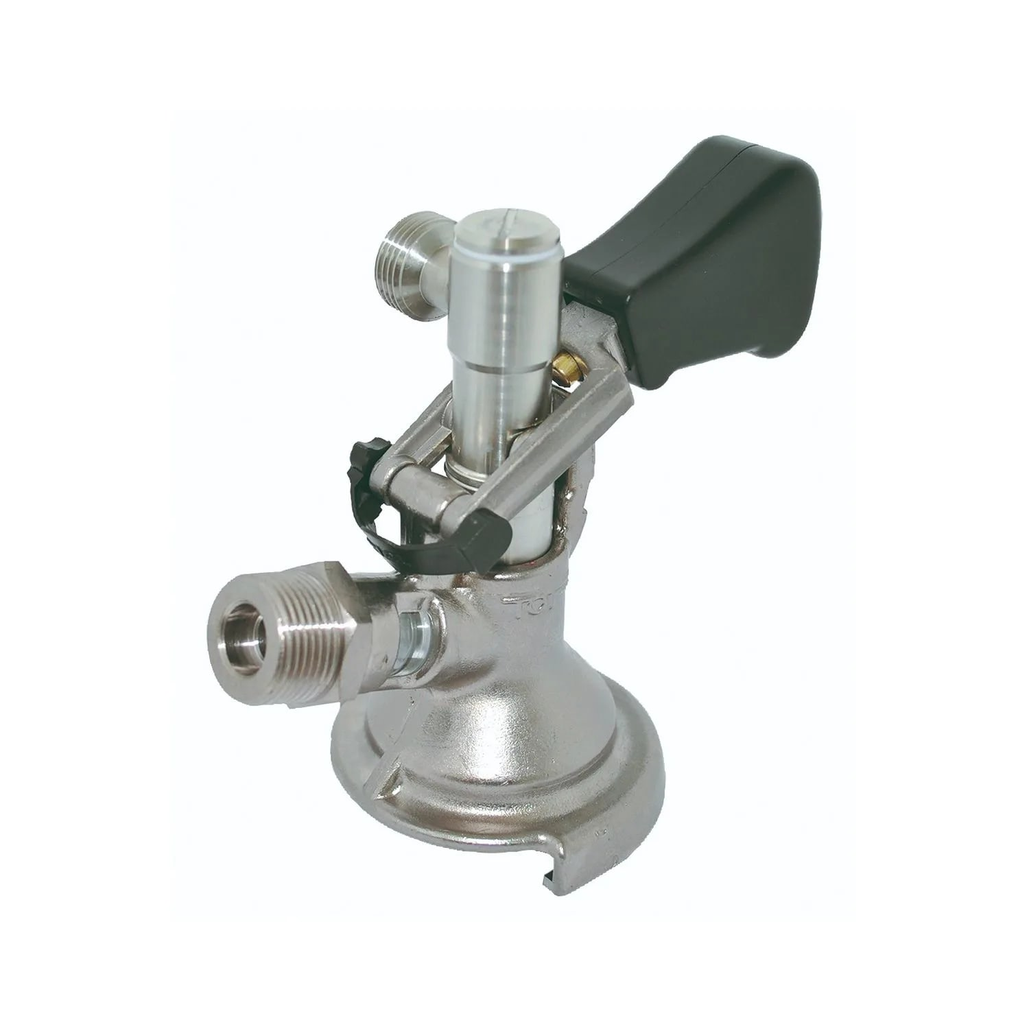 A silver beer keg coupler with a black handle and threaded connections.