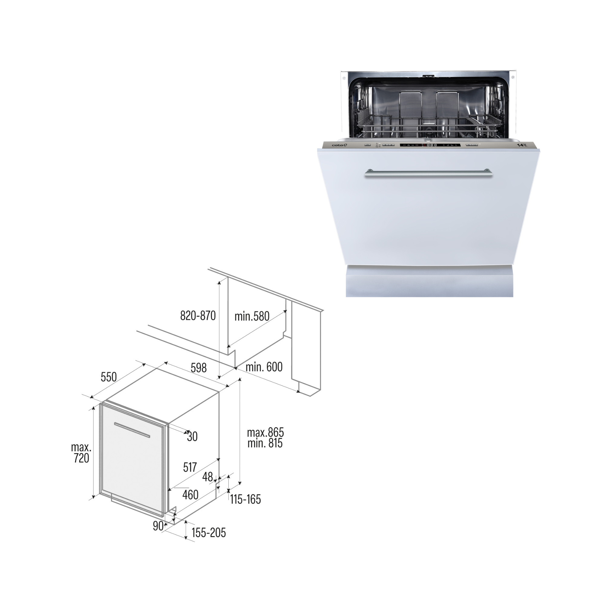 Lavavajillas blanco abierto, mostrando interior. Diagrama muestra dimensiones en mm.