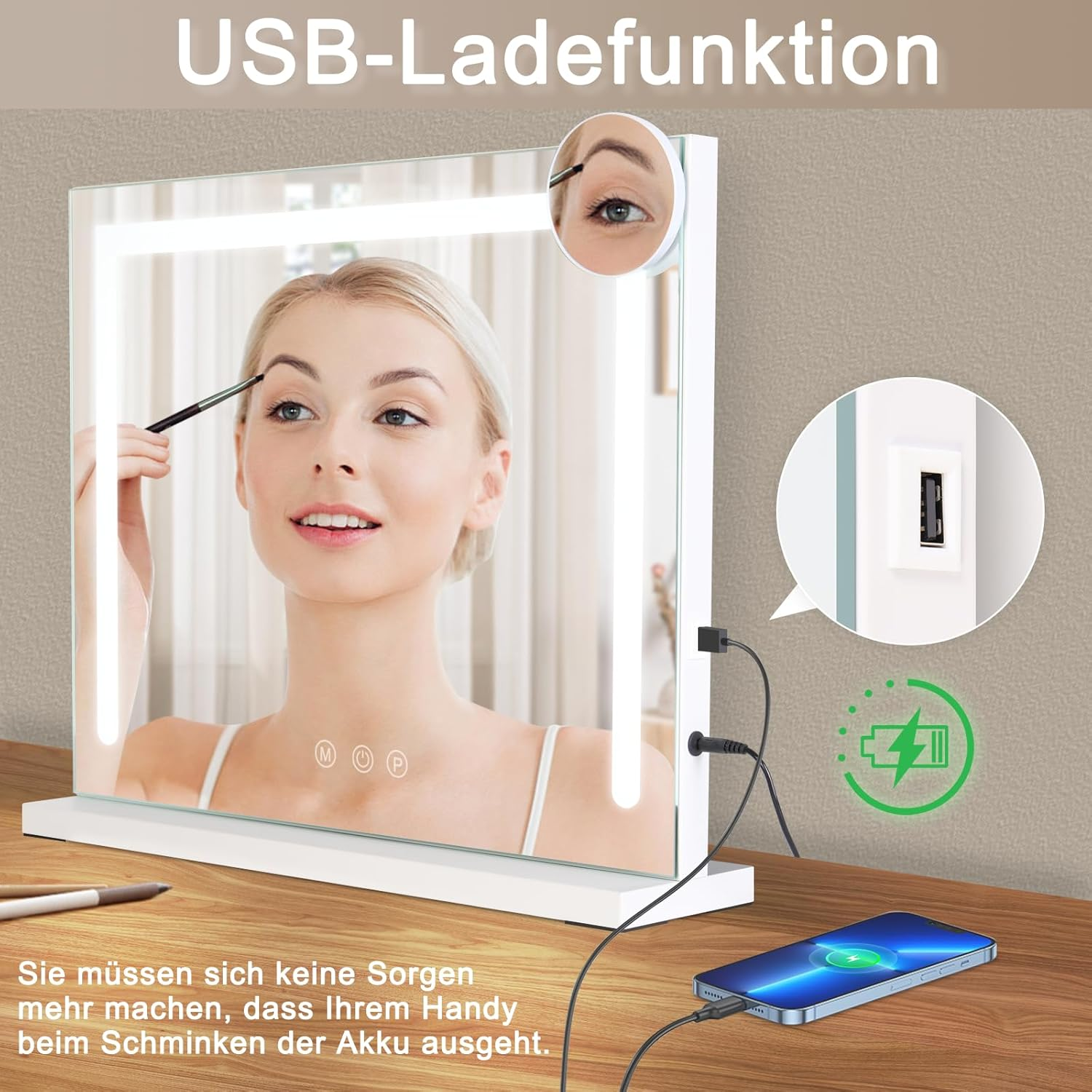 Mujer maquillándose en espejo iluminado, teléfono cargando por USB.