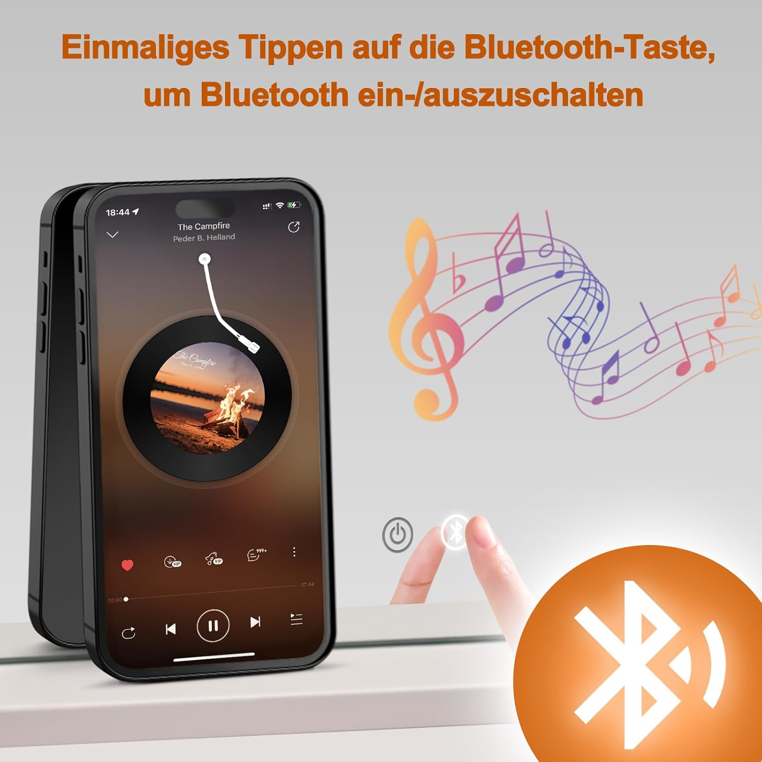 Un teléfono muestra música, al lado una mano toca un símbolo de Bluetooth.