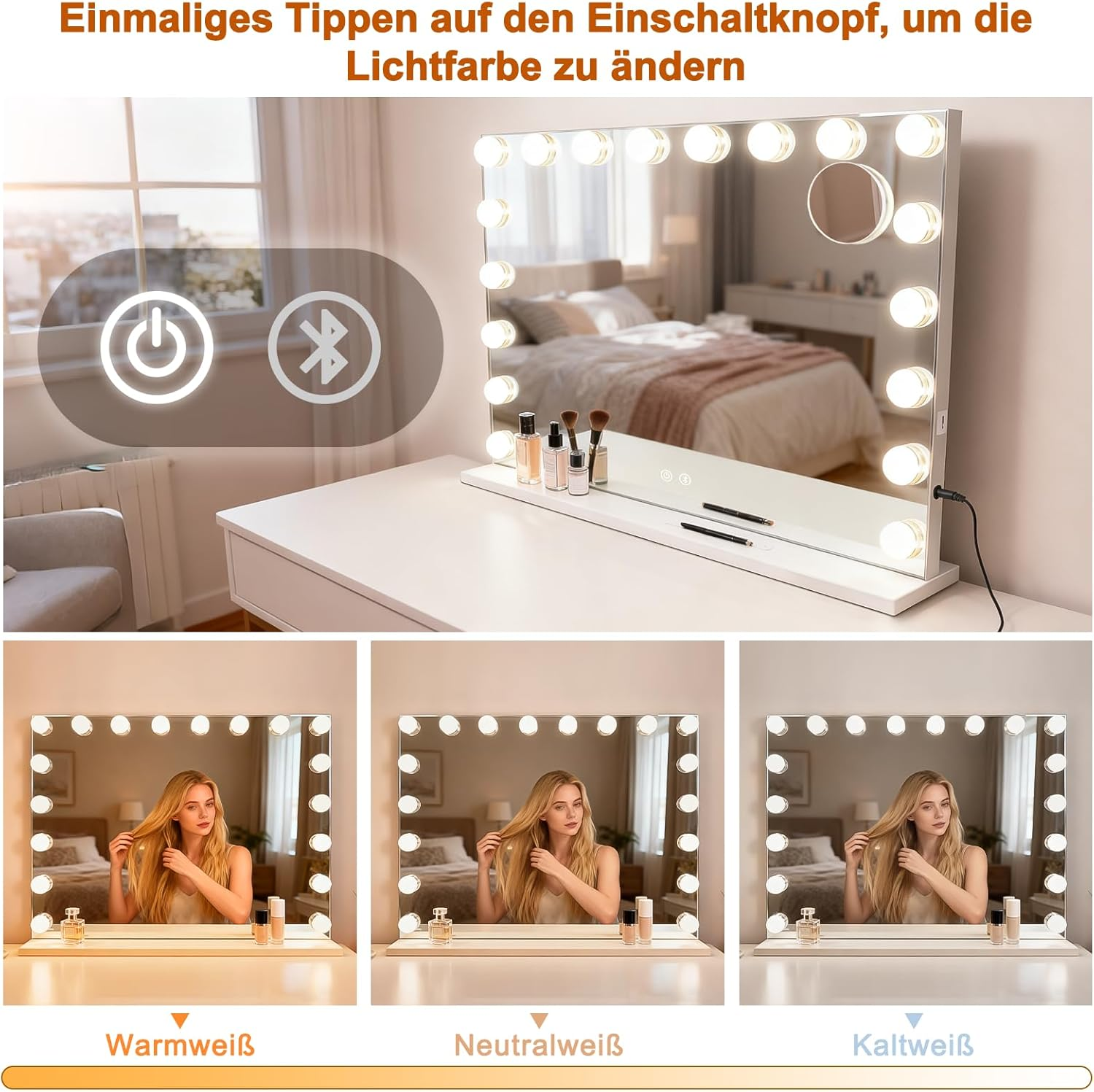 Un espejo de tocador con luces, que muestra tres colores de luz: blanco cálido, neutro y frío.