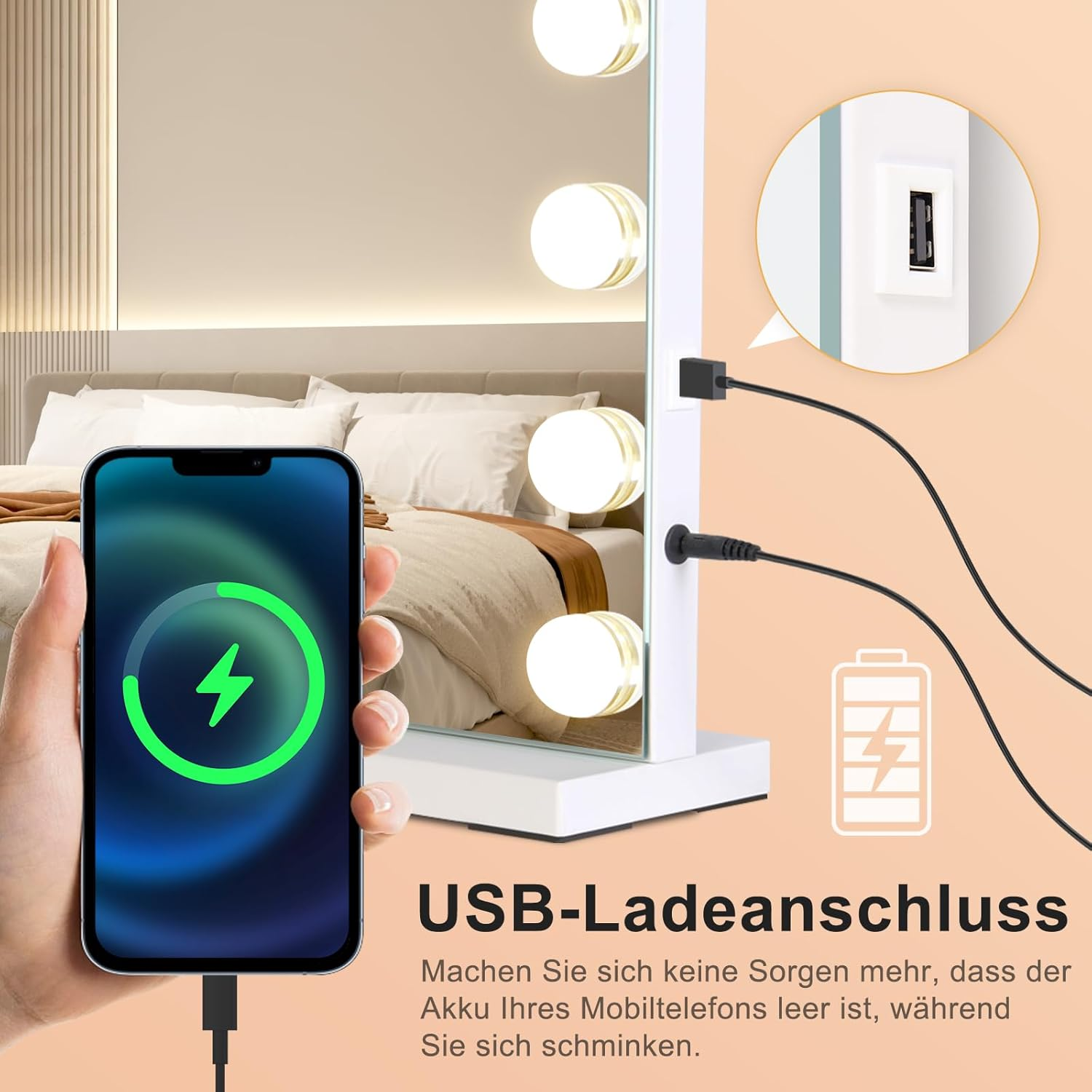 Un teléfono se carga a través de un puerto USB en un espejo de tocador iluminado.