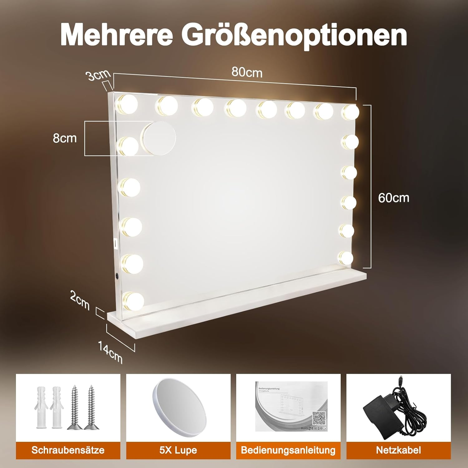 Un espejo de maquillaje iluminado de 80x60cm, con accesorios debajo.