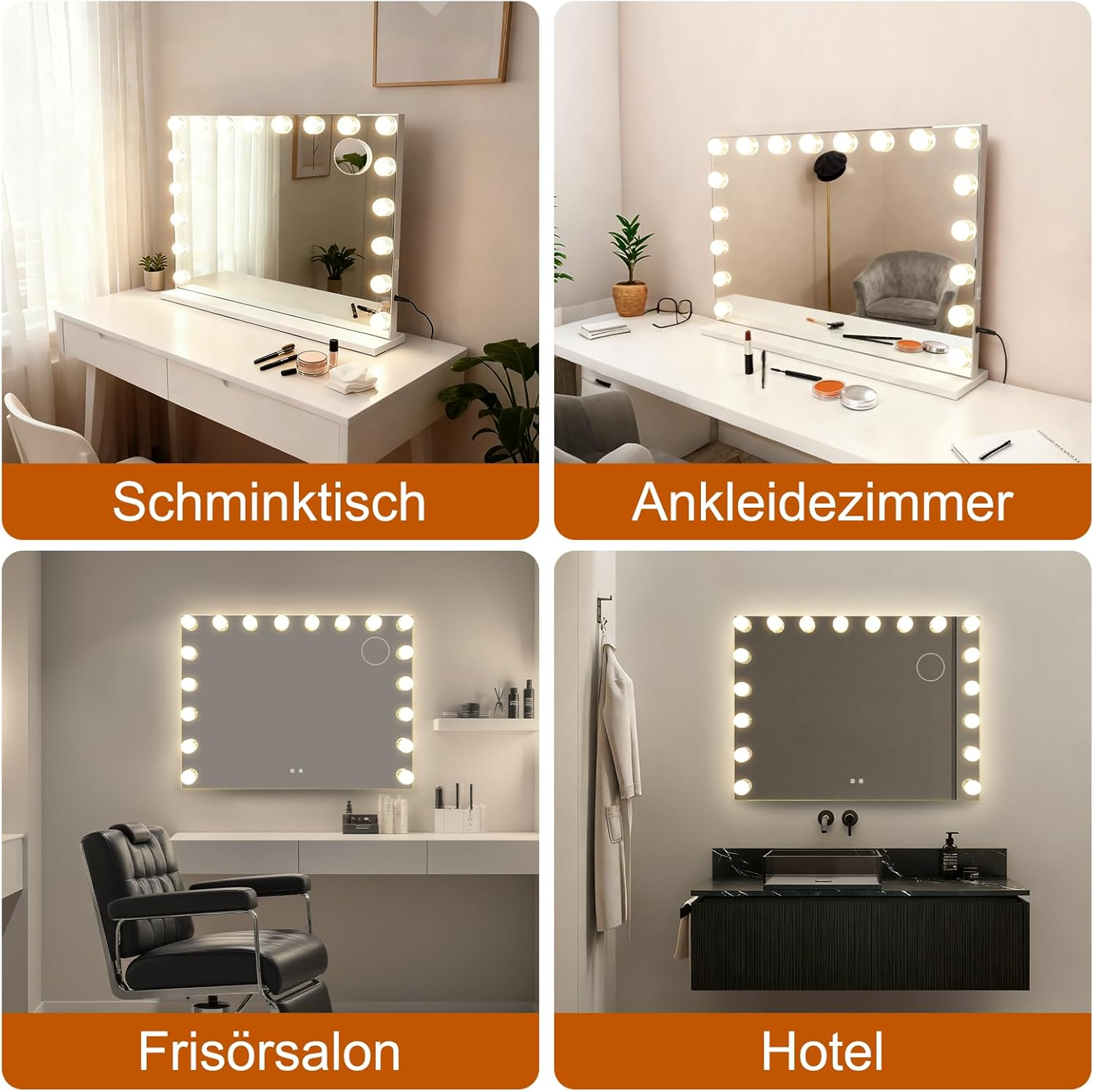 Cuatro escenas con espejos iluminados: tocador, vestidor, peluquería y baño de hotel.
