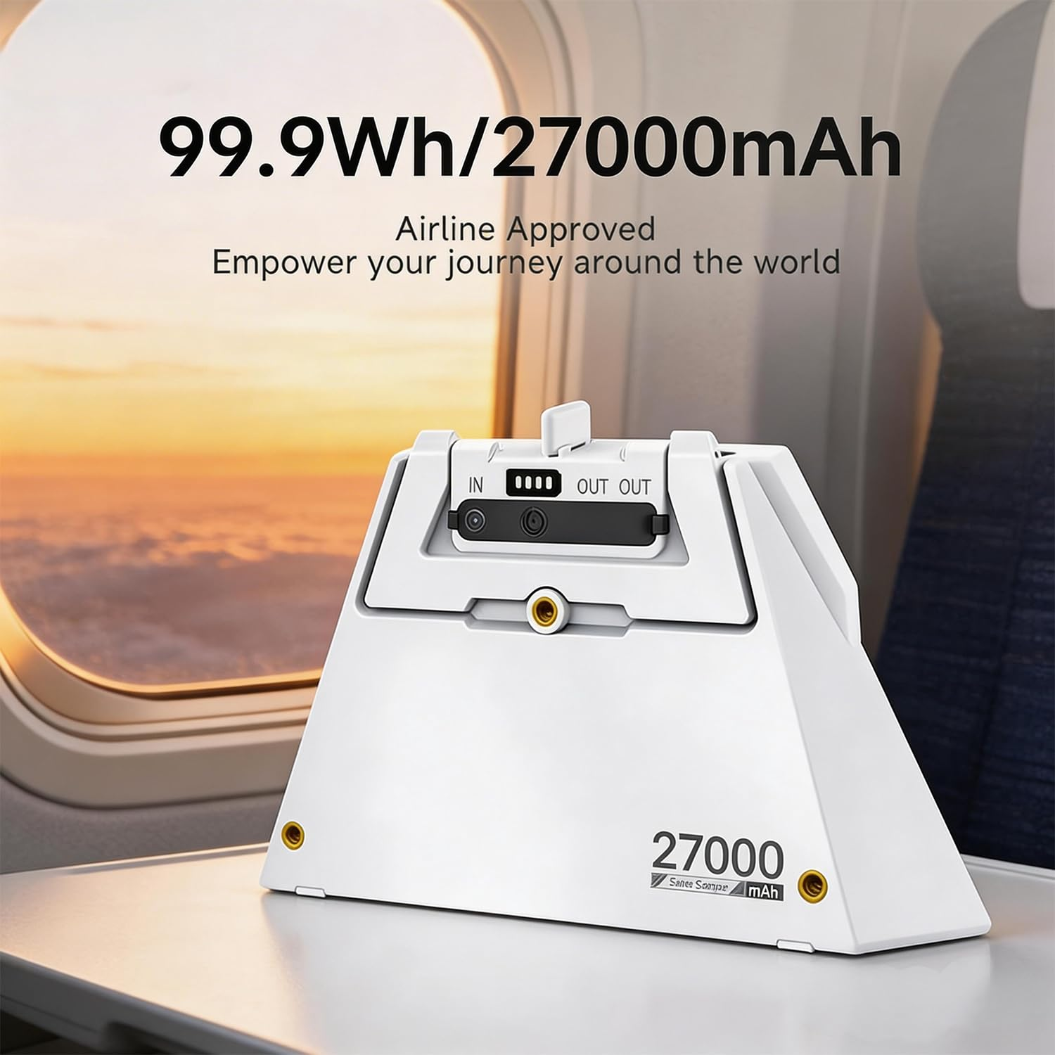 Ein weißes Powerbank-Gerät mit 27000 mAh steht auf einem Tisch im Flugzeug, Blick auf Wolken.