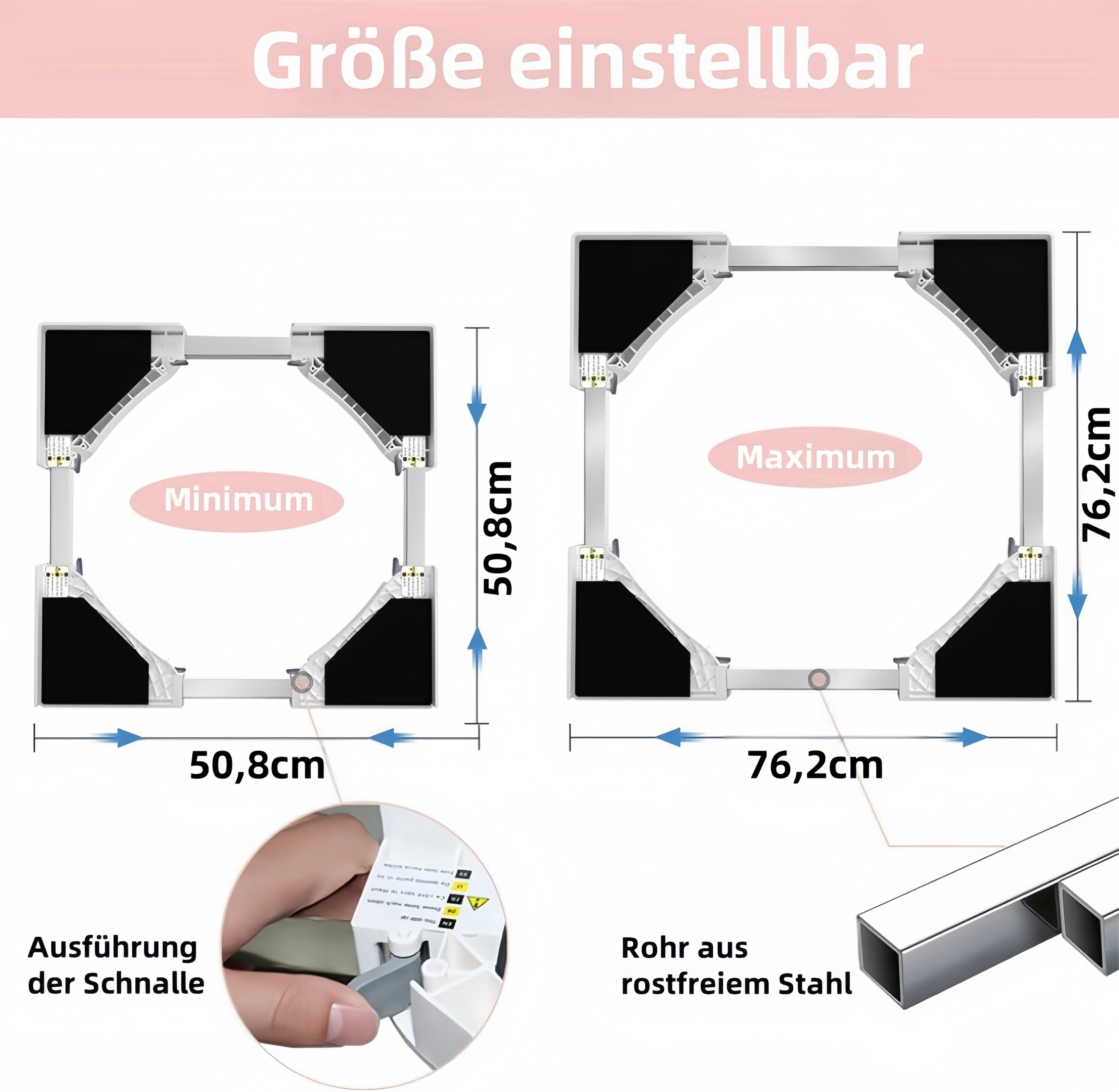 Verstellbare Gerätefüße in Minimal- und Maximalgröße, mit Stahlrohr.