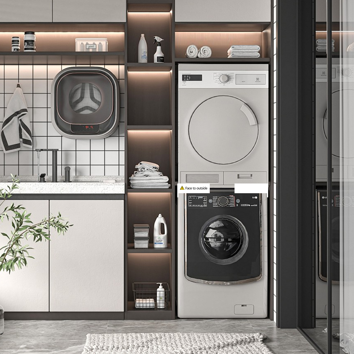 Moderne Waschküche mit Waschmaschine, Trockner, Waschbecken und Wandwaschmaschine.