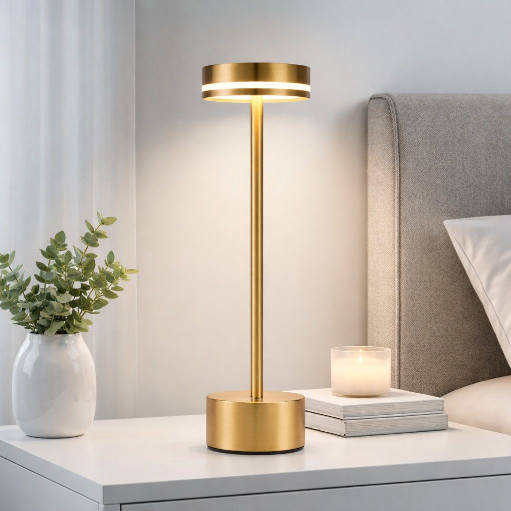 Lampada da comodino dorata con candela e vaso con piante su tavolo bianco accanto al letto.