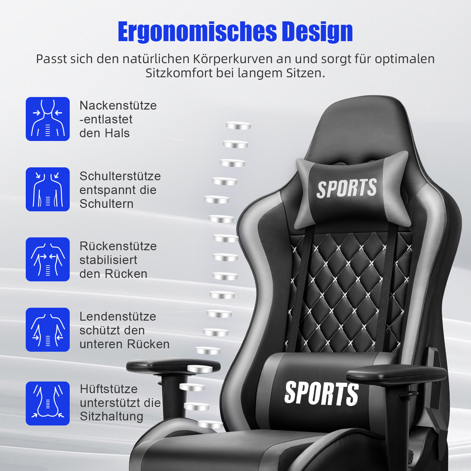 Ergonomischer Gaming-Stuhl mit Nacken-, Schulter-, Rücken-, Lenden- und Hüftstütze.