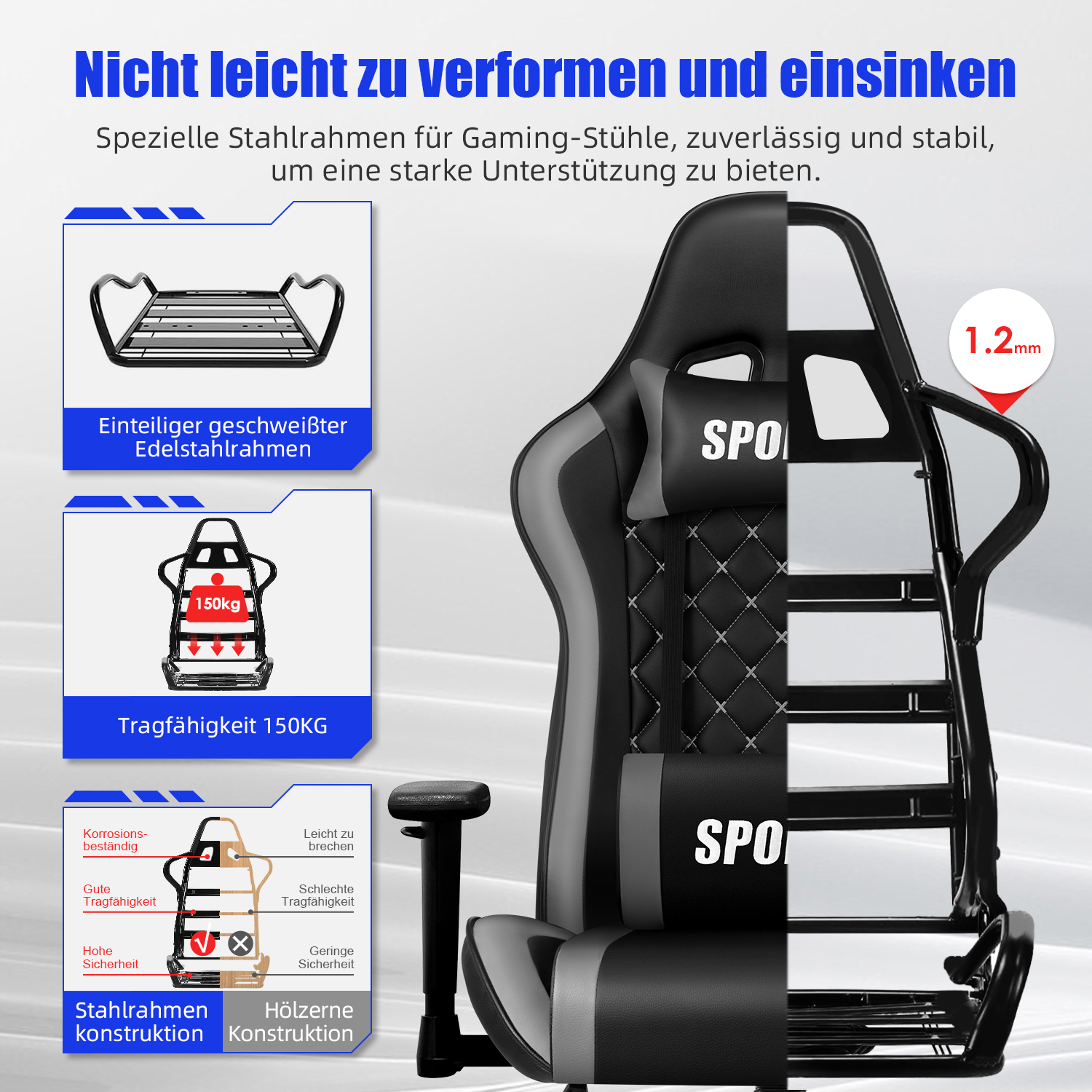 Gaming-Stuhl mit Stahlrahmen, 150kg Tragfähigkeit, 1.2mm Dicke. Vergleicht Stahl- mit Holzkonstruktion.
