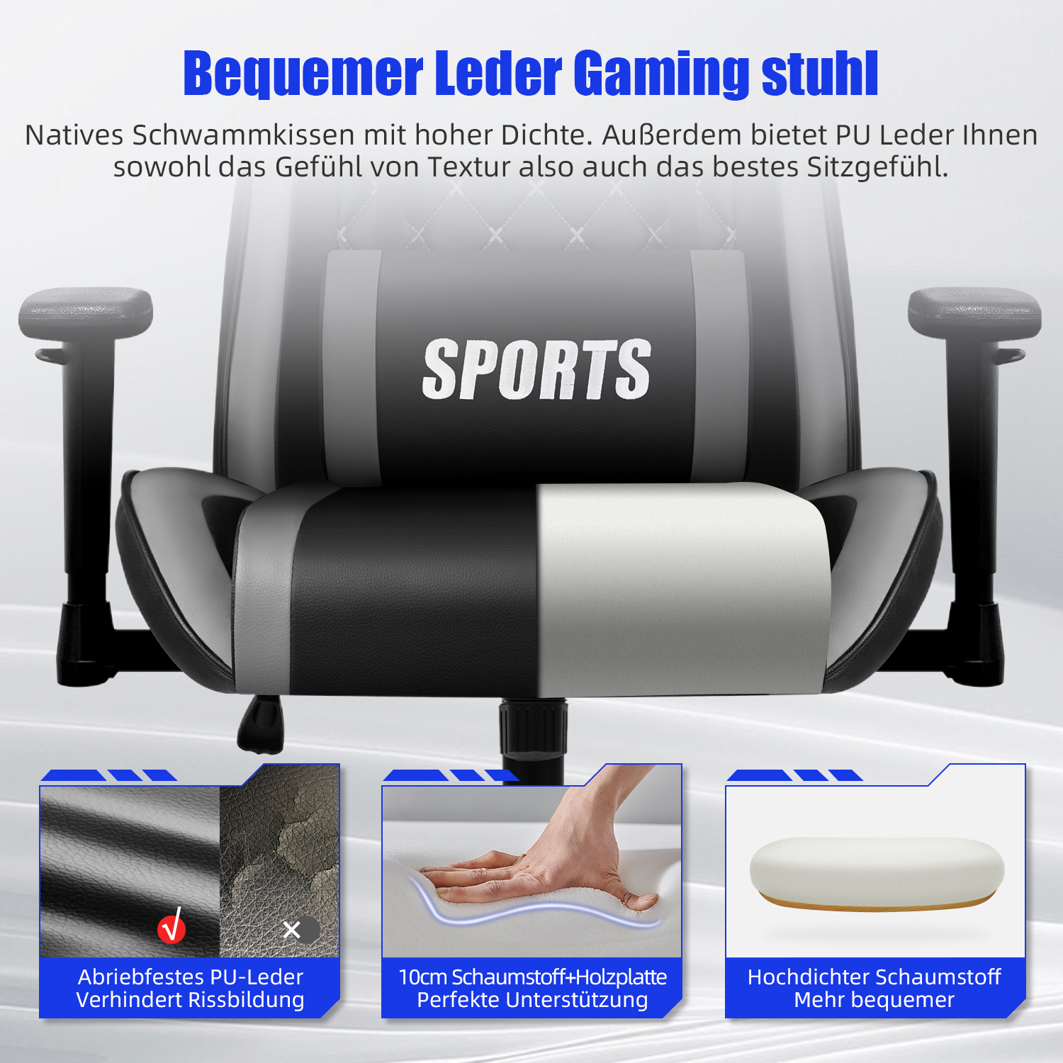 Schwarzer Gaming-Stuhl mit "SPORTS"-Logo, drei Detailbildern: PU-Leder, Schaumstoff, Kopfstütze.