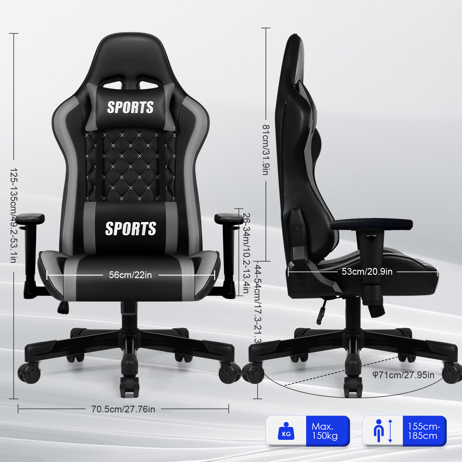 Schwarzer Gaming-Stuhl mit grauen Akzenten, verstellbar. Maße angegeben.
