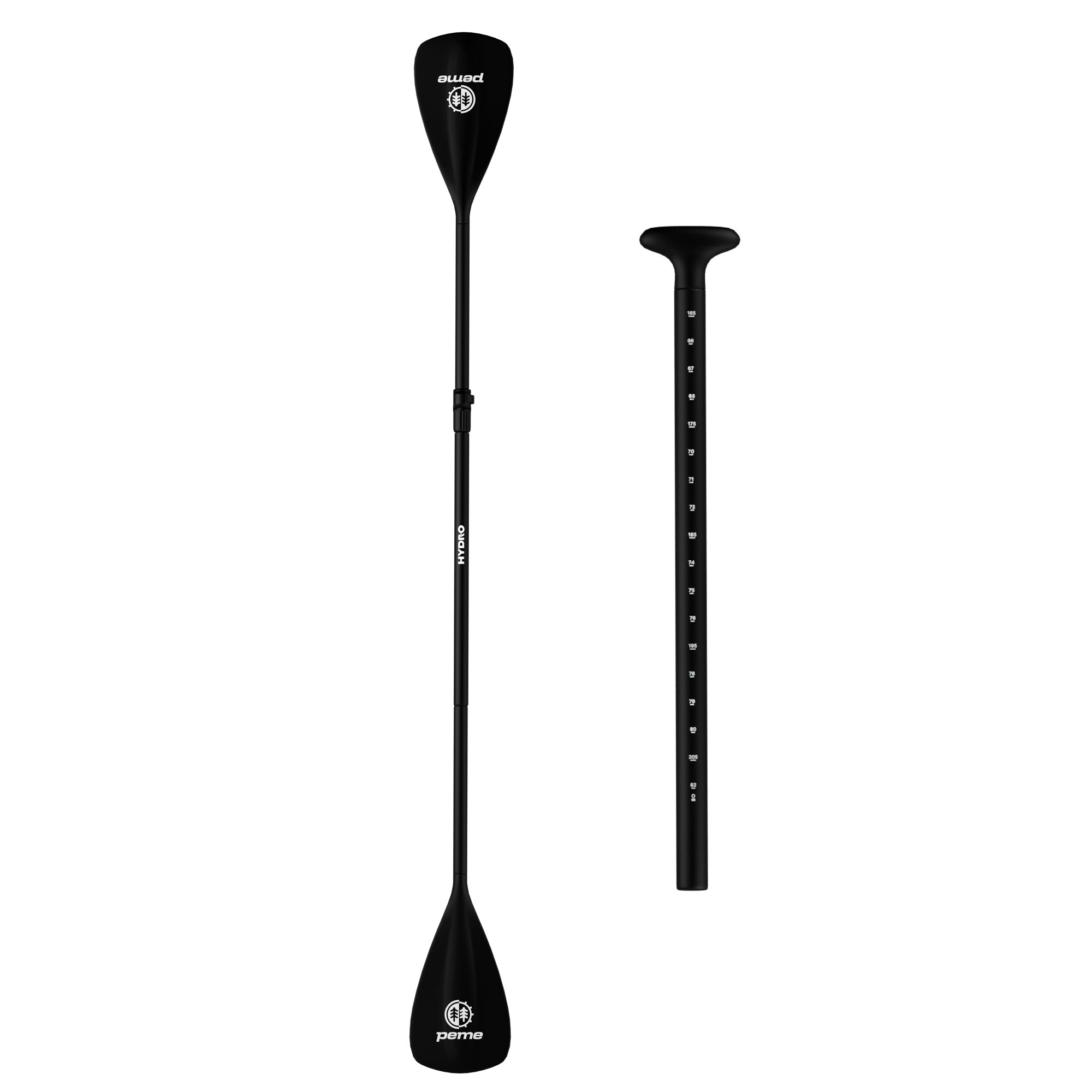 Un remo nero per stand-up paddle giace accanto alla sua impugnatura.