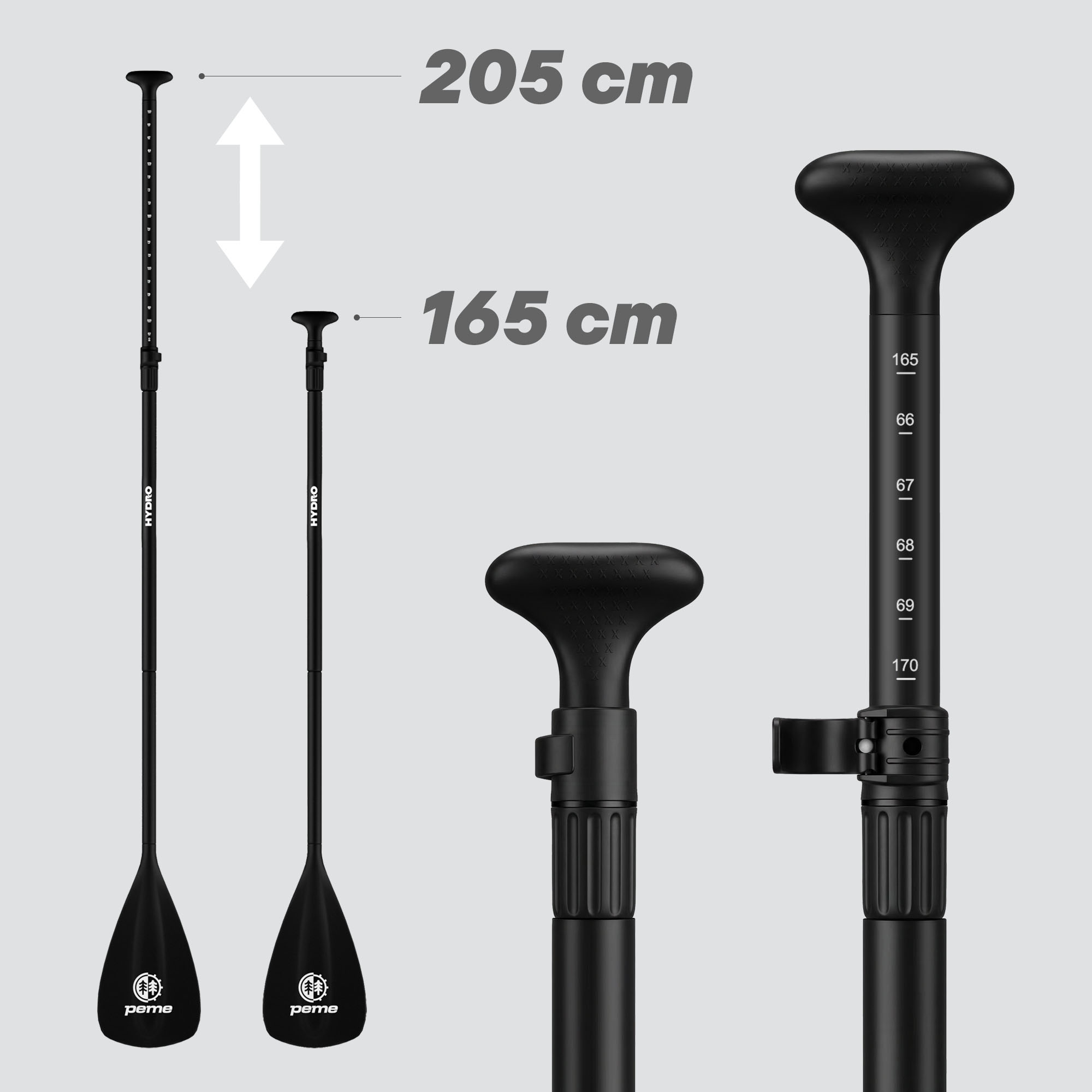 Due pagaie SUP nere. Una è 205cm, l'altra 165cm. Entrambe con loghi 'HYDRO' e 'peme'.
