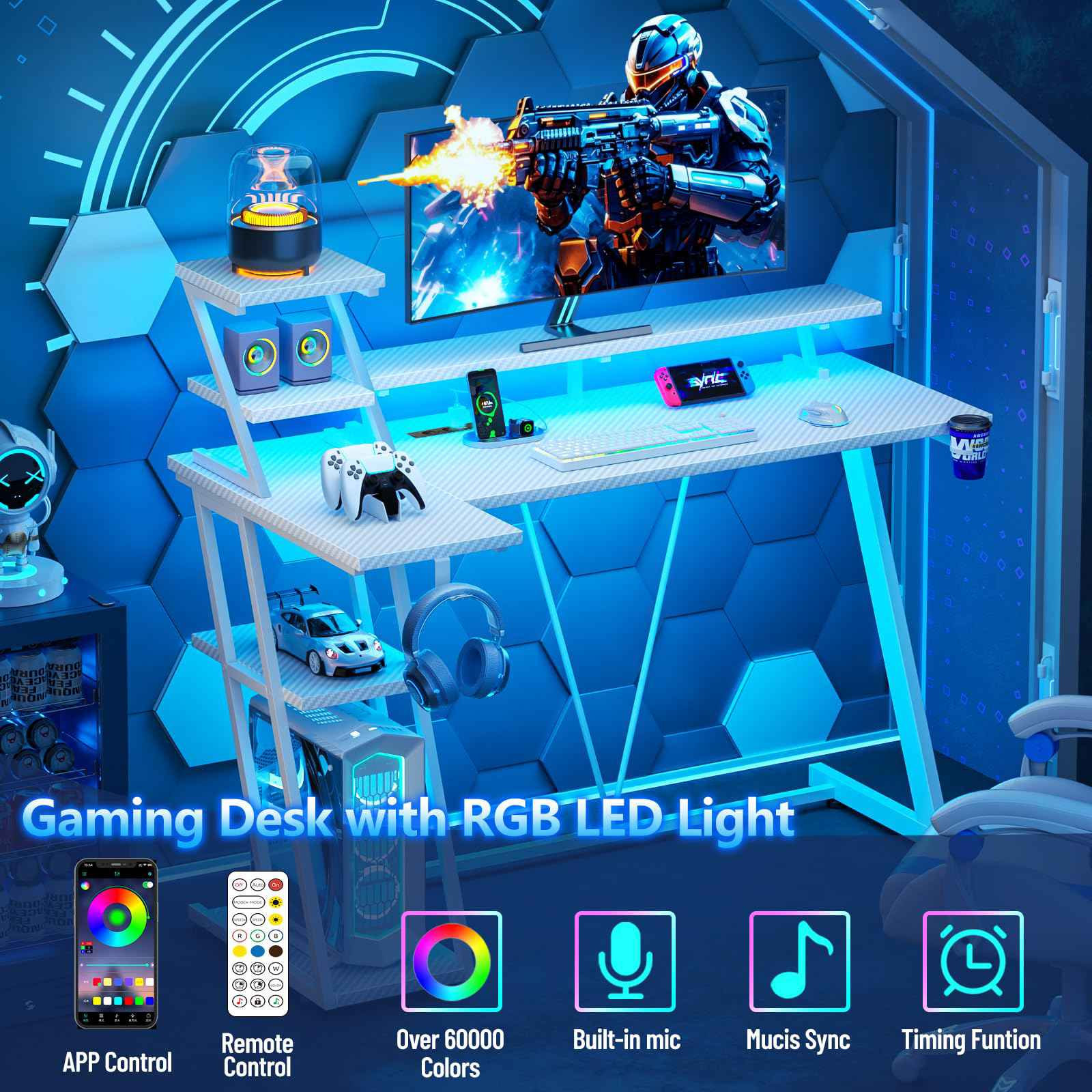 Ein Gaming-Schreibtisch mit RGB-LEDs, Monitor, Controller, Tastatur, Maus und Lautsprechern.
