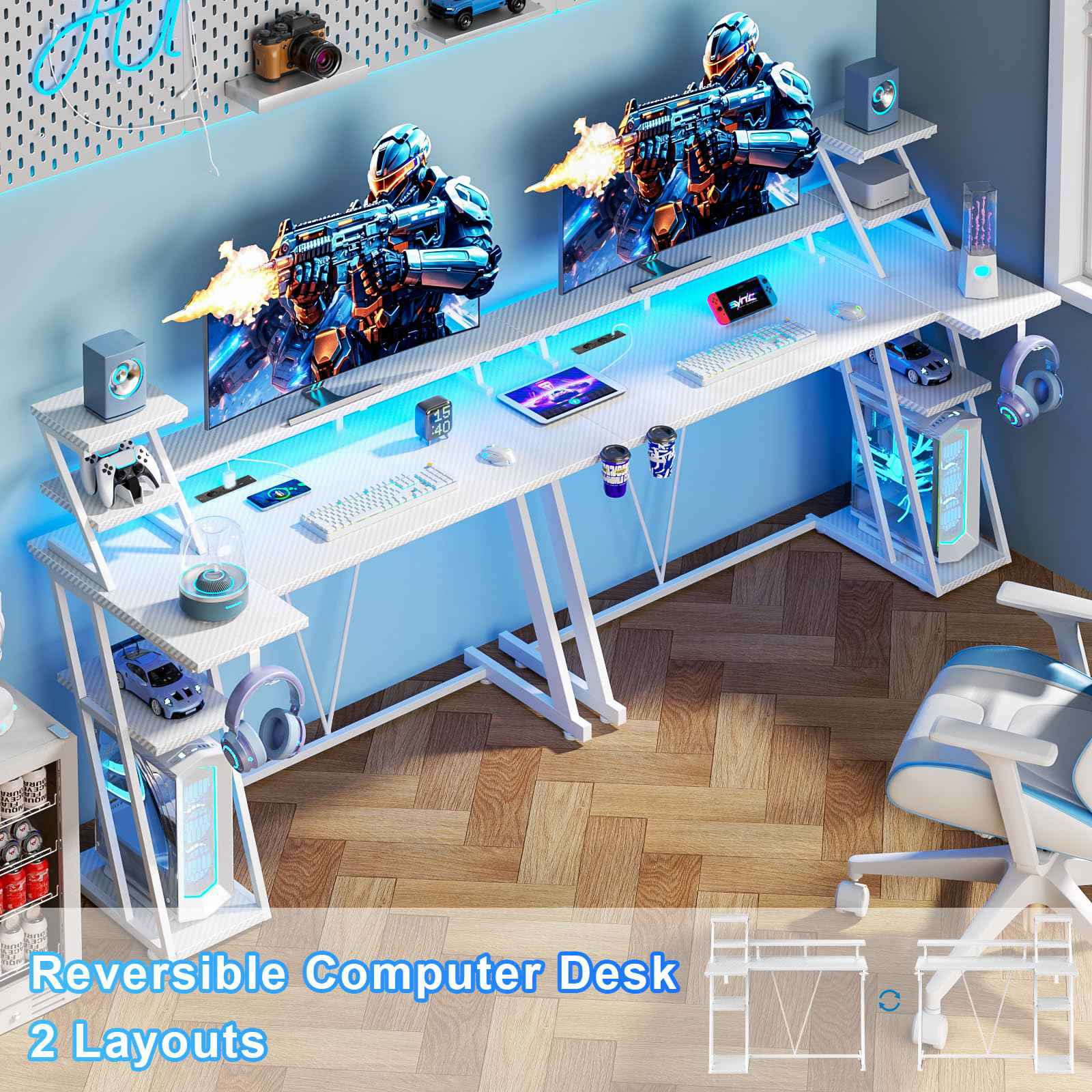 Ein moderner Gaming-Schreibtisch mit zwei Monitoren, die Spiele zeigen, und blauem Licht.