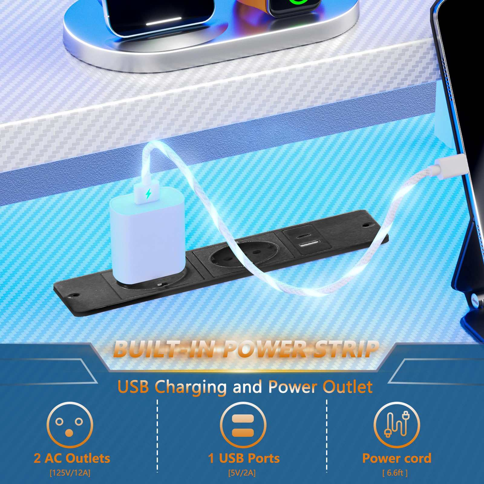 Ein weißer USB-Adapter wird in eine schwarze Steckdosenleiste mit 2 Steckdosen und 1 USB-Anschluss gesteckt.