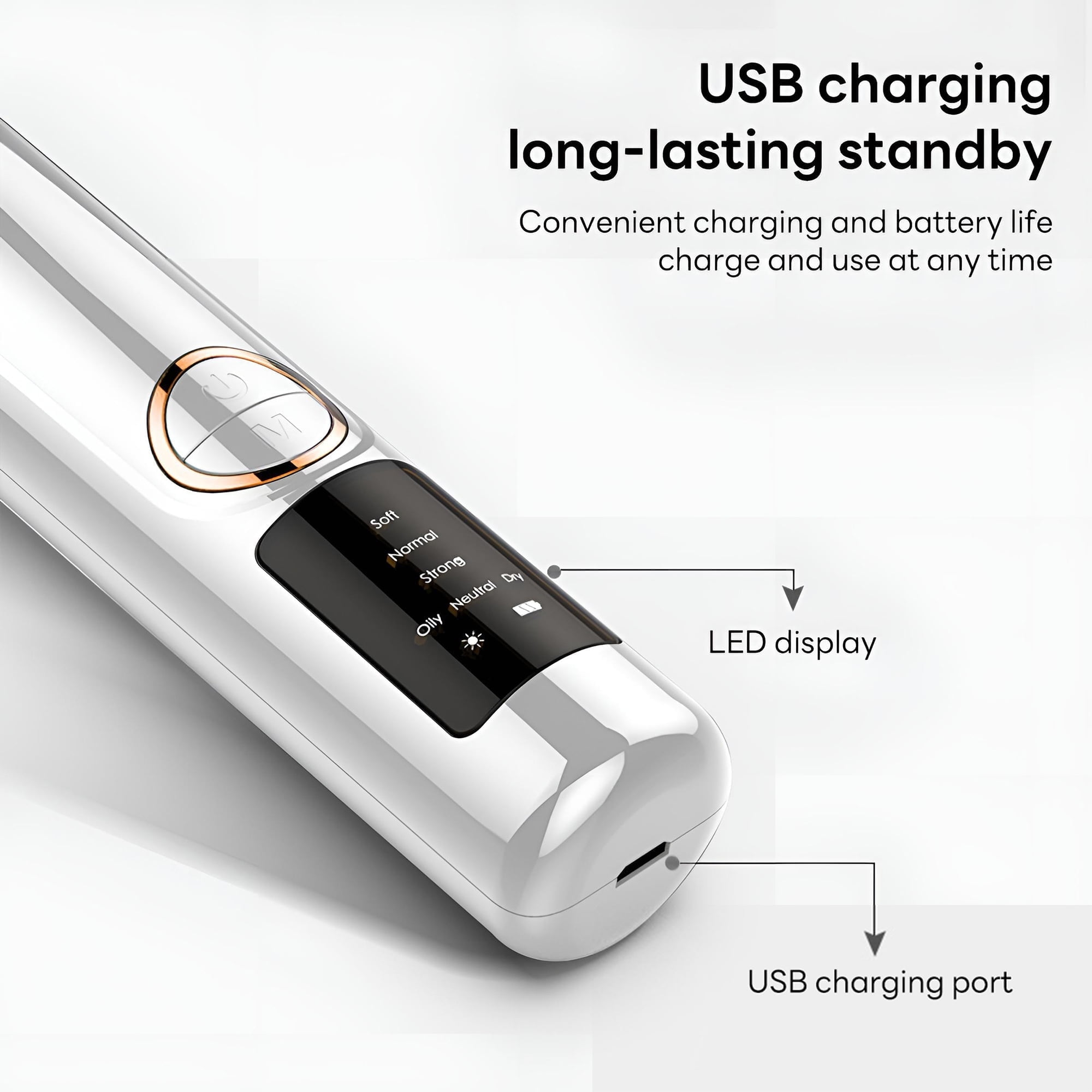 Ein weißes Gerät mit LED-Anzeige und USB-Anschluss, das zum Aufladen dient.