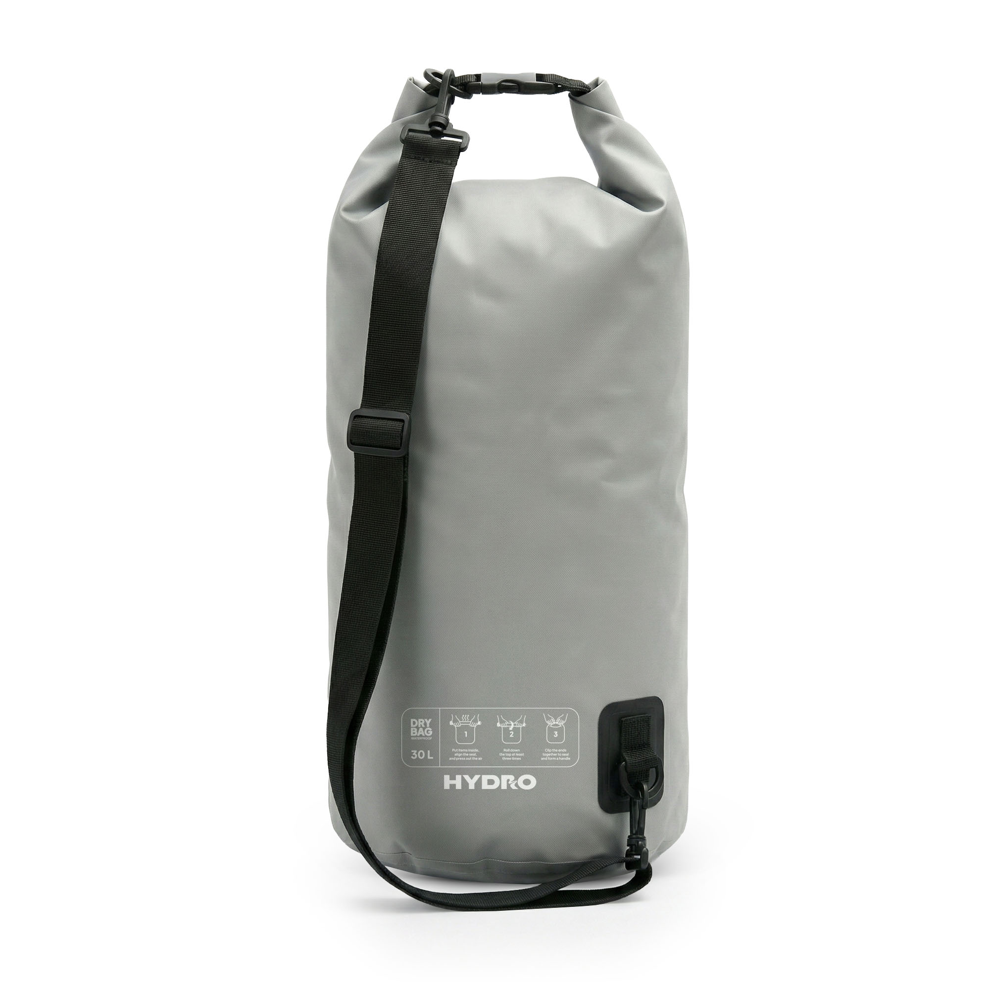Grijze 30L dry bag met zwarte band en gespen, toont gebruiksinstructies.