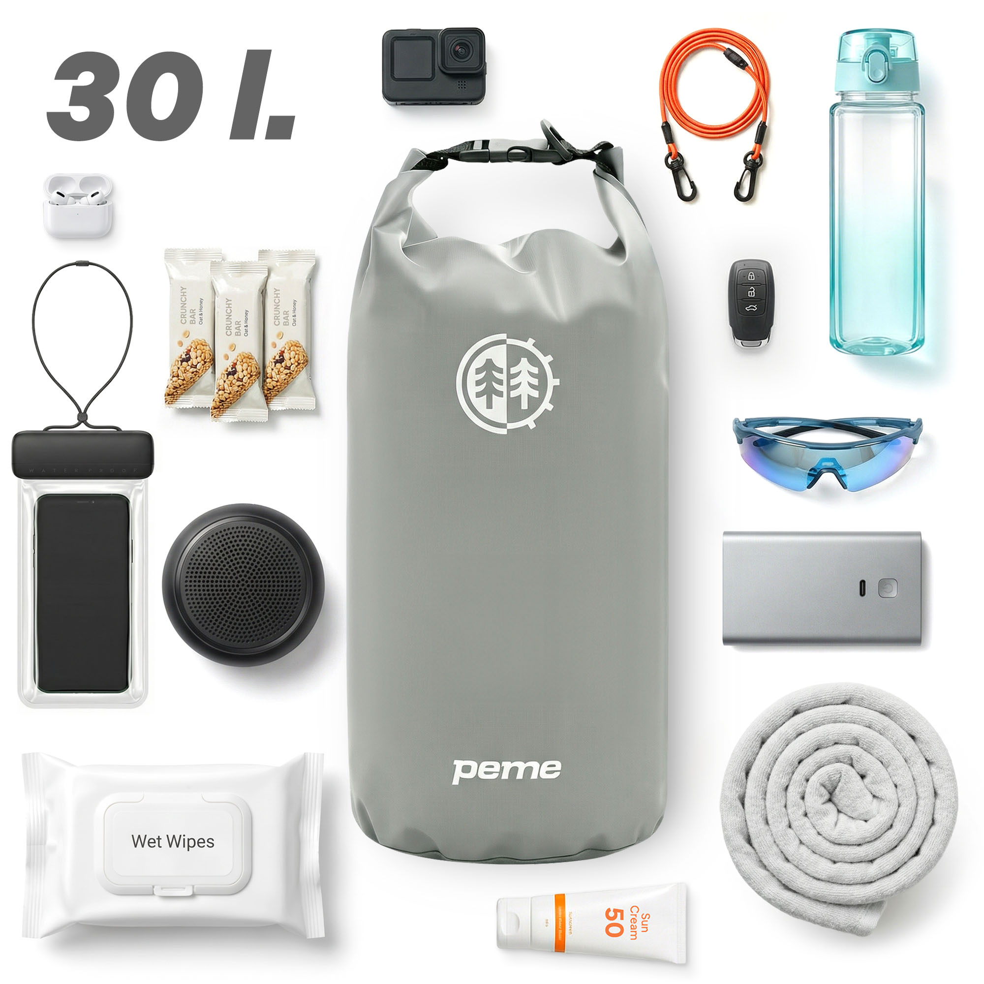 30L dry bag met GoPro, snacks, powerbank, bril, fles, handdoek, telefoonhoesje, speaker.