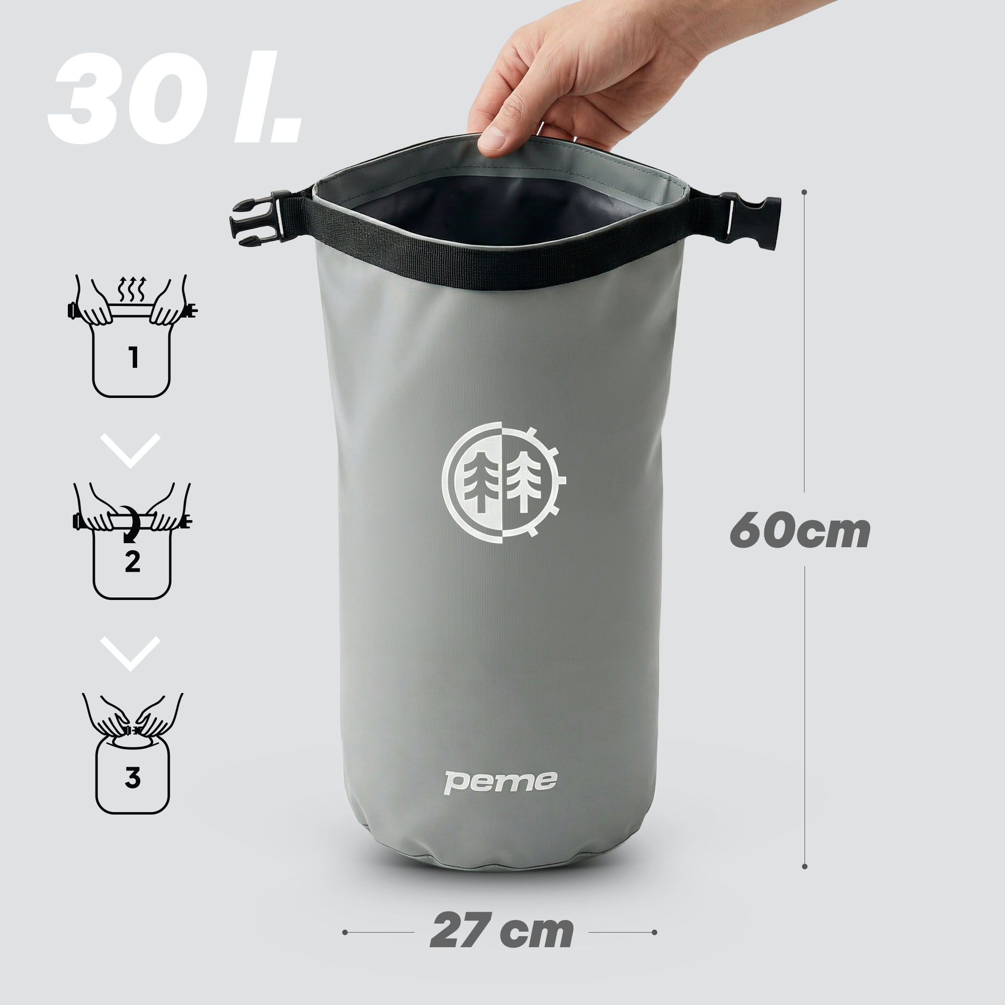 Grijze 30L dry bag, 60cm hoog, 27cm breed, met logo en instructies.