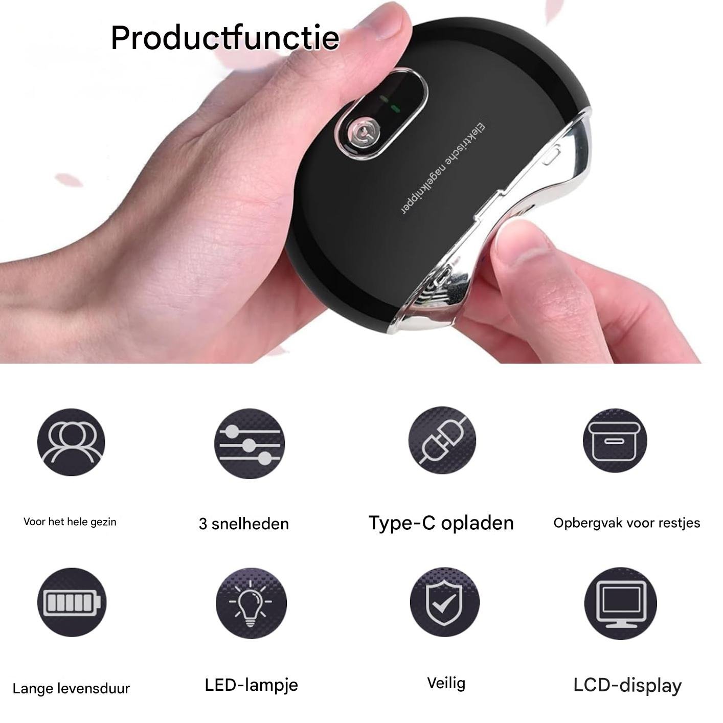 Elektrischer Nagelknipser mit 3 Geschwindigkeiten, Typ-C-Aufladung, LED und LCD.