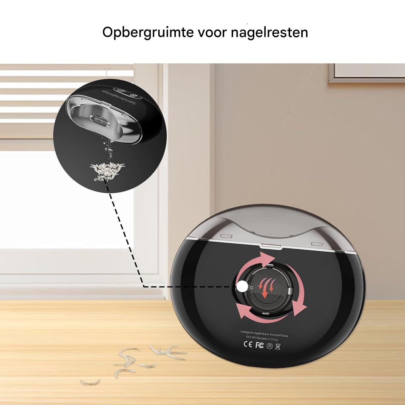 Elektrischer Nagelknipser mit integriertem Auffangbehälter für Nagelreste.