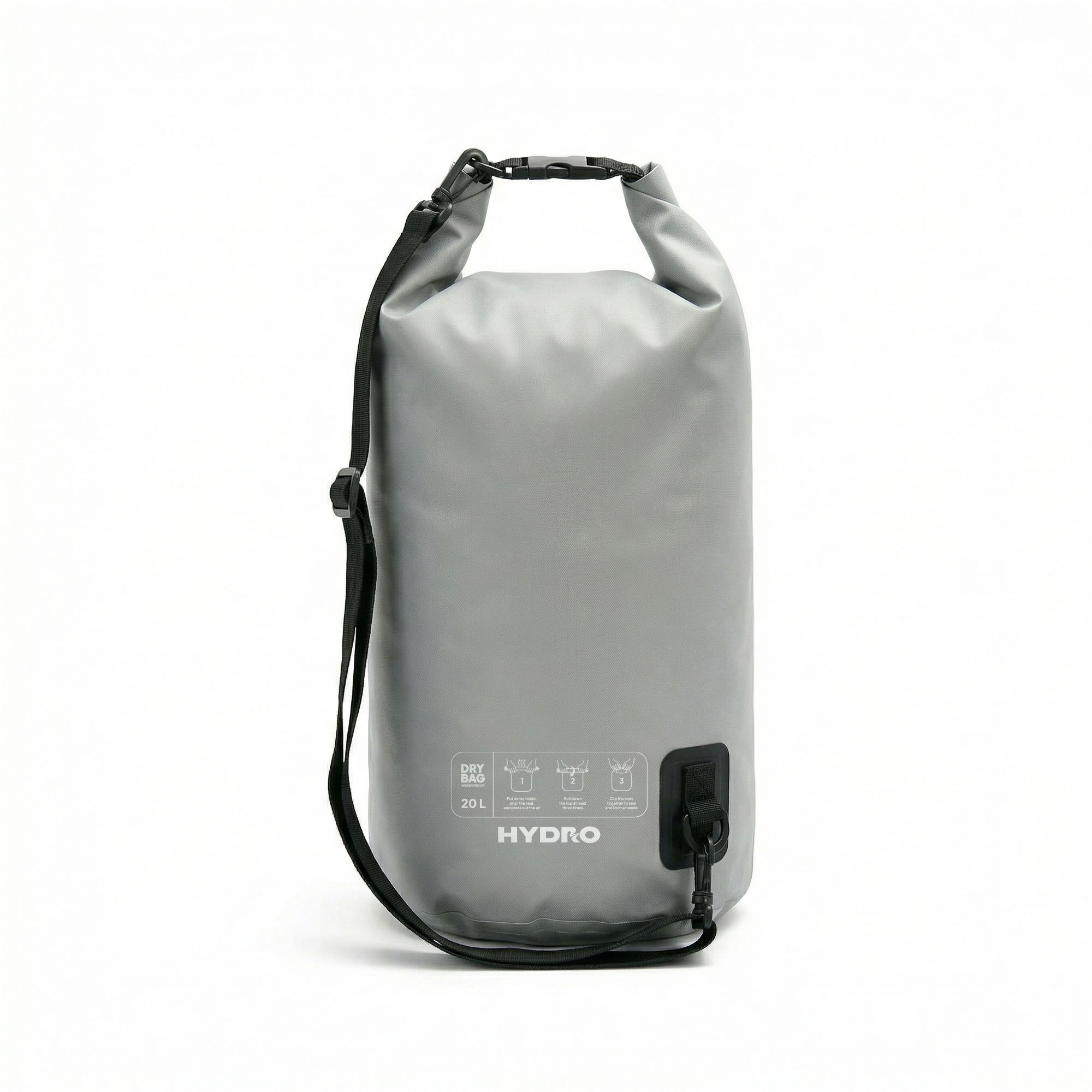 Grijze waterdichte dry bag met zwarte band en gesp, 20L inhoud.