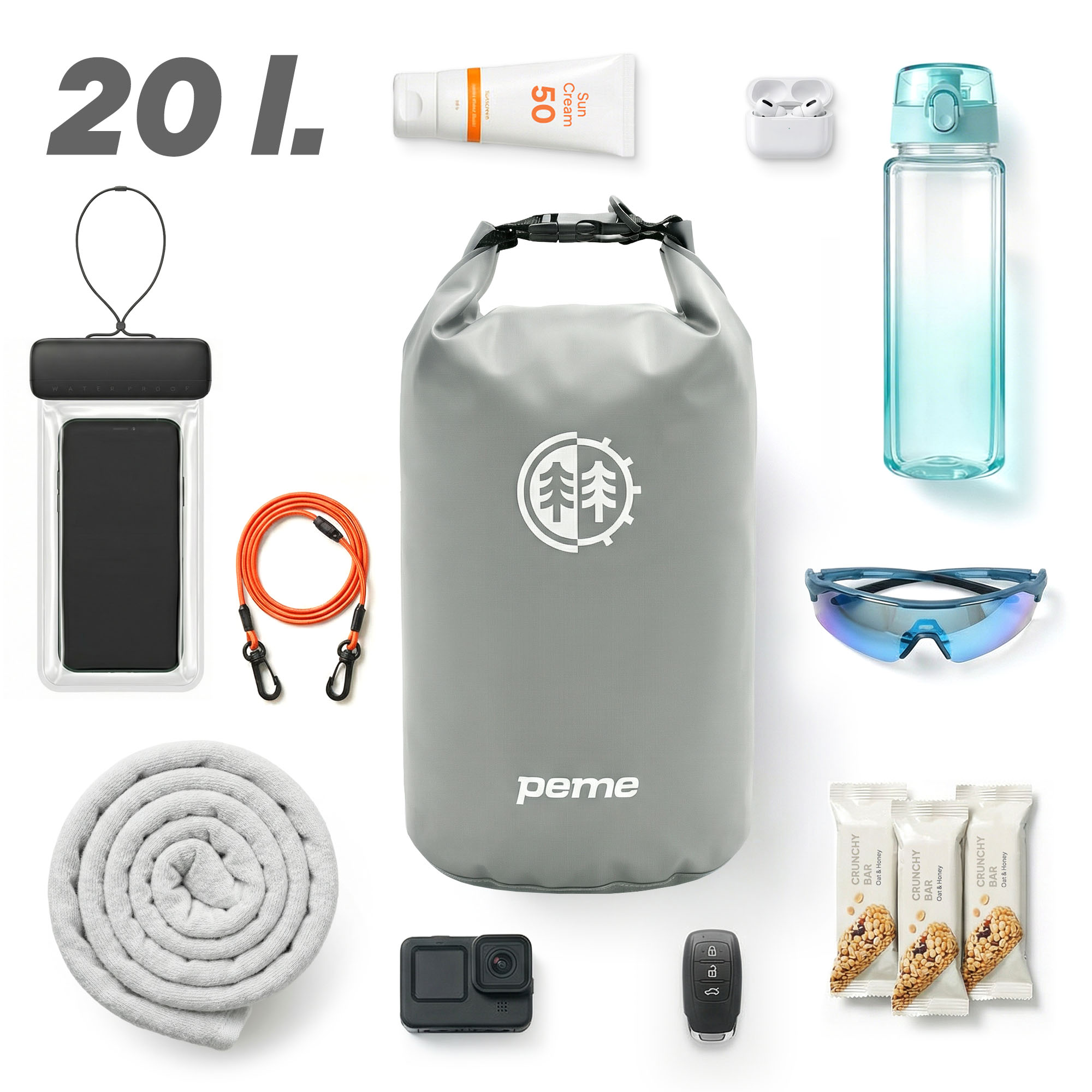 20L dry bag, telefoonhoesje, oranje koord, zonnebrandcrème, oordopjes, fles, zonnebril, handdoek, camera, autosleutels.