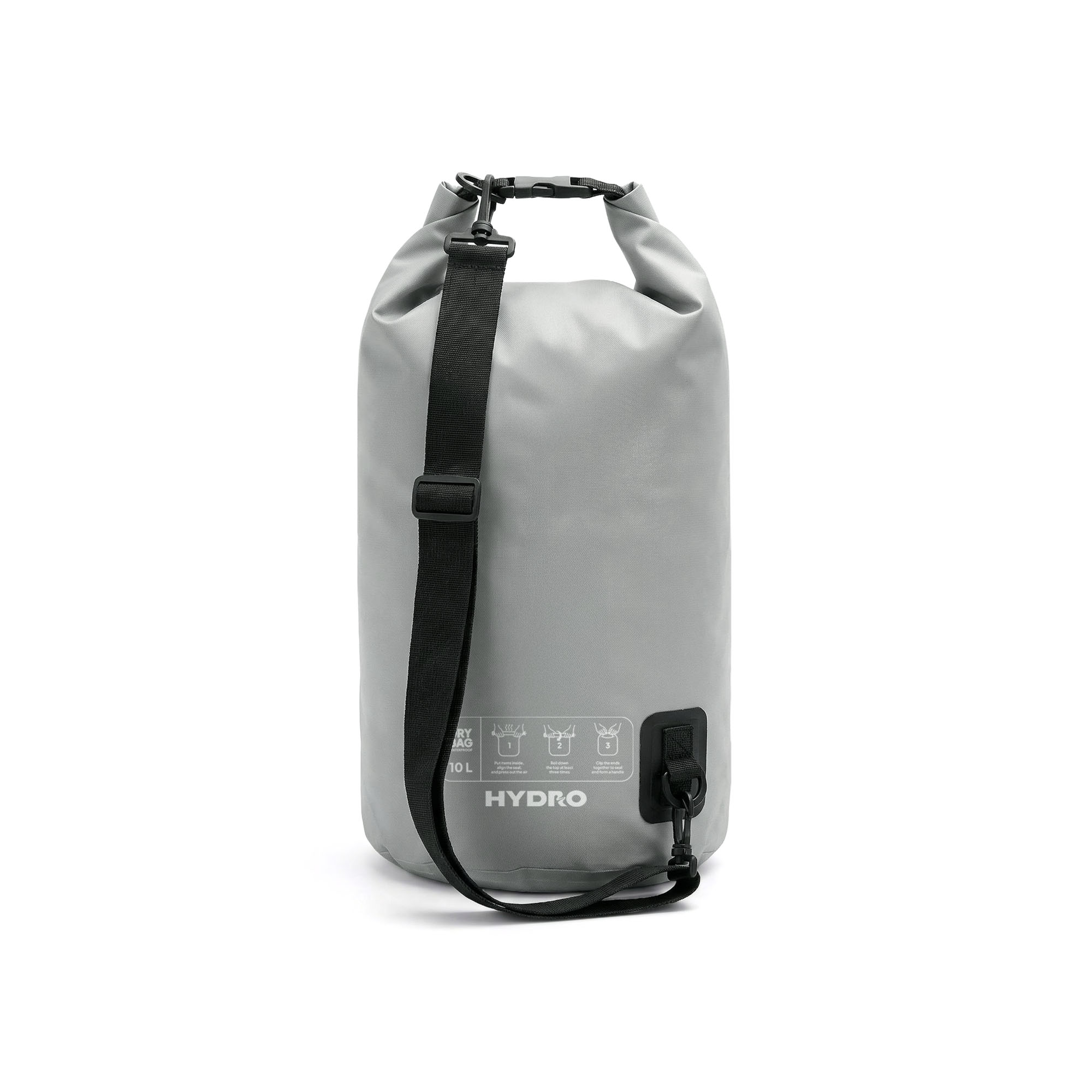 Grijze waterdichte tas met zwarte band en gesp, 10L.