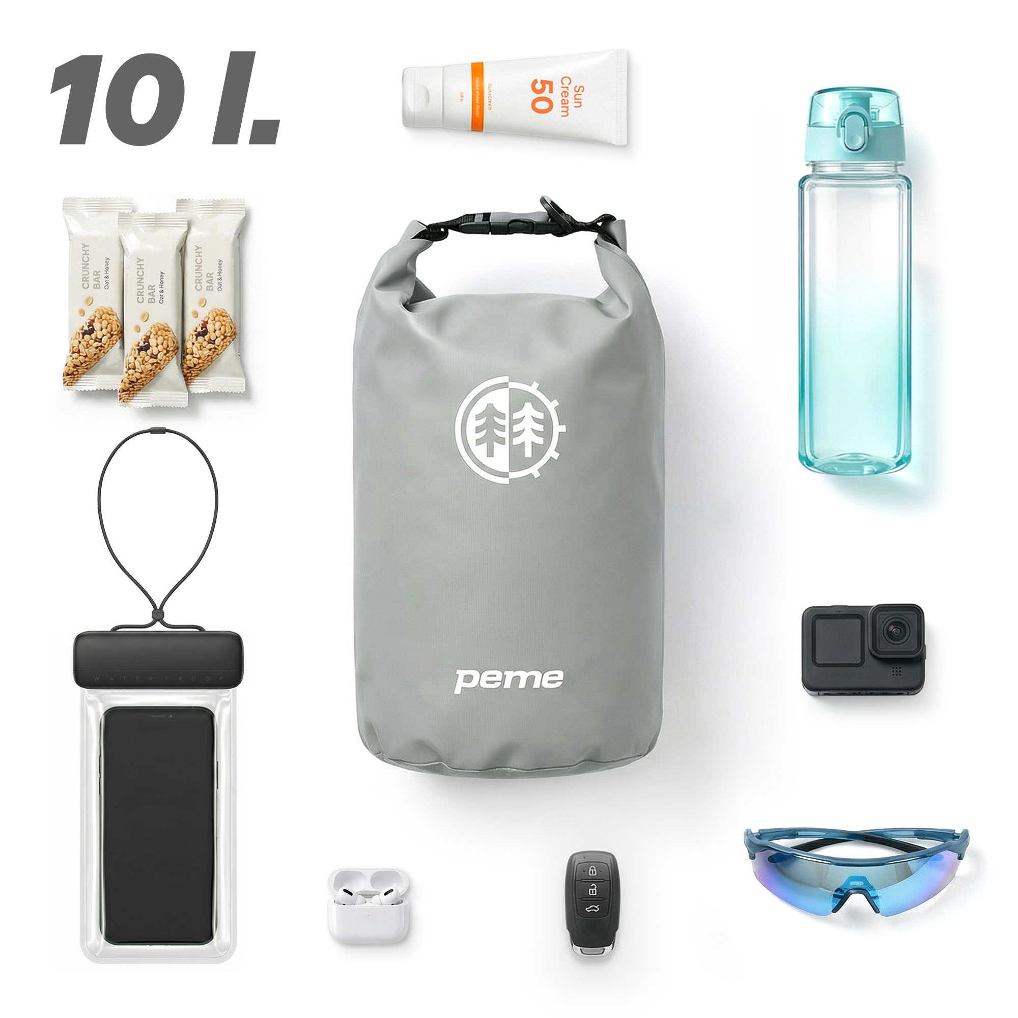 Grijze tas, zonnebrandcrème, waterfles, GoPro, bril, telefoon, sleutels, oordopjes, repen.