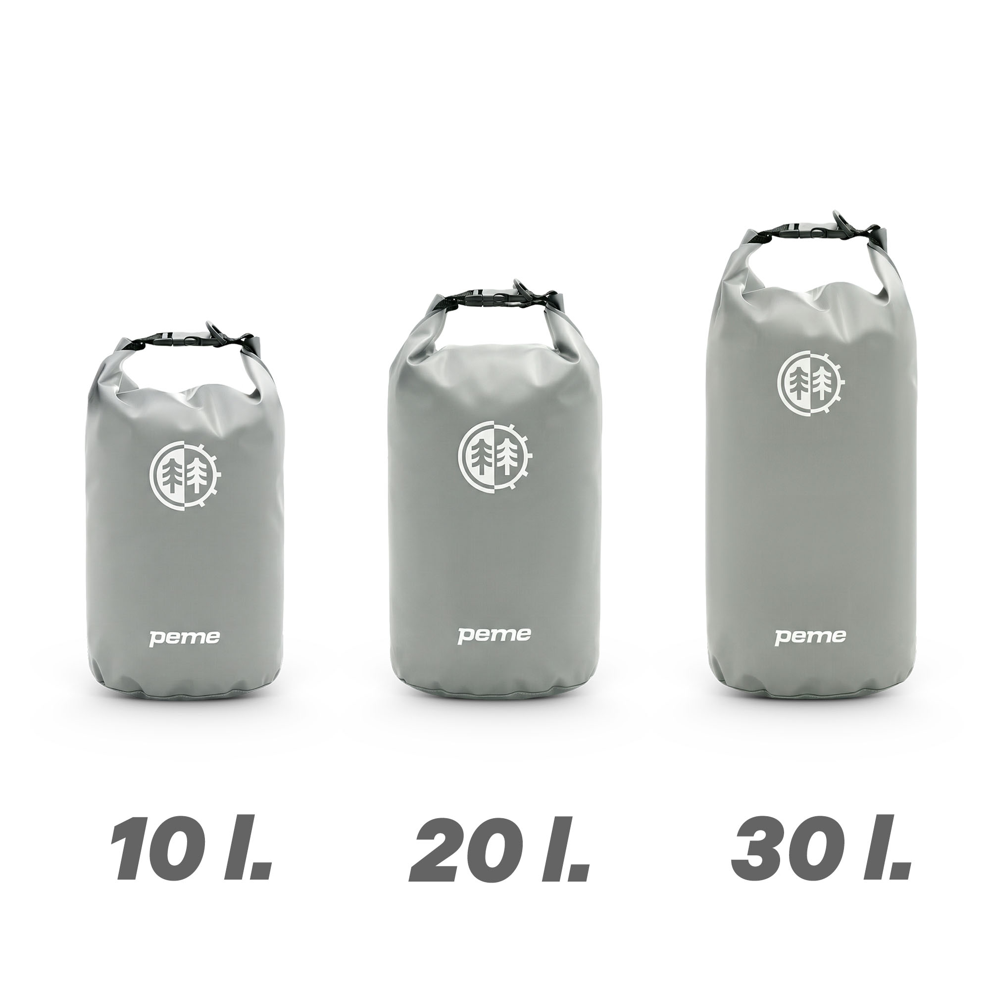 Drie grijze drybags in de maten 10, 20 en 30 liter.