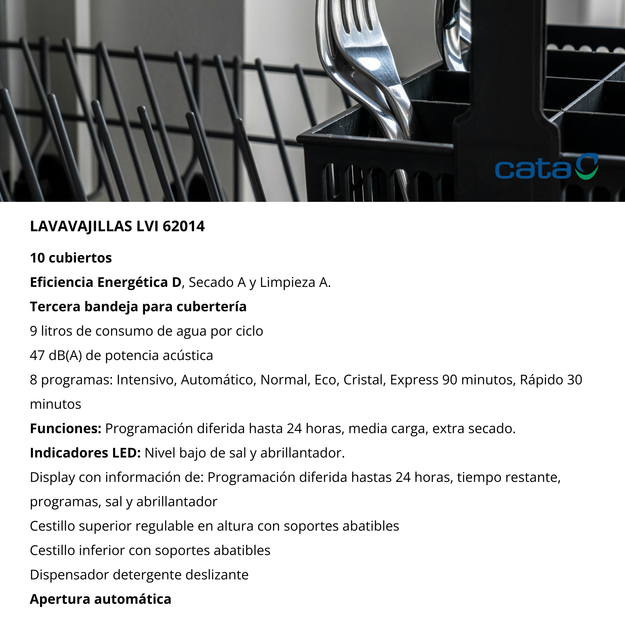 Lavavajillas LVI 62014 con tercera bandeja. Eficiencia D. 10 cubiertos.