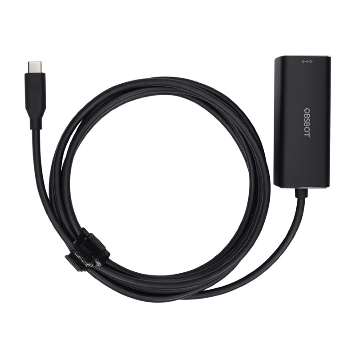 Schwarzer USB-C-Adapter mit schwarzem Kabel und weißem Hintergrund.