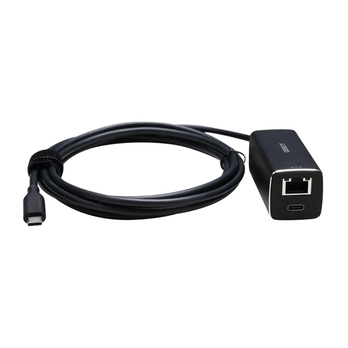 Ein schwarzes USB-C zu Ethernet-Adapter mit einem Kabel.