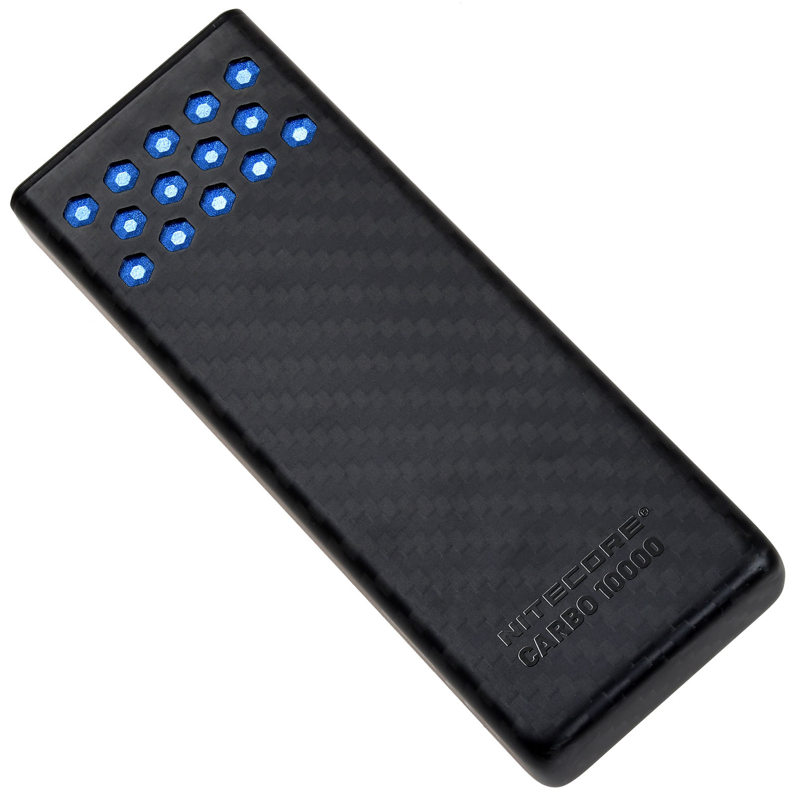 Schwarzes Carbon-Powerbank mit blauen LED-Indikatoren und Nitecore-Logo.