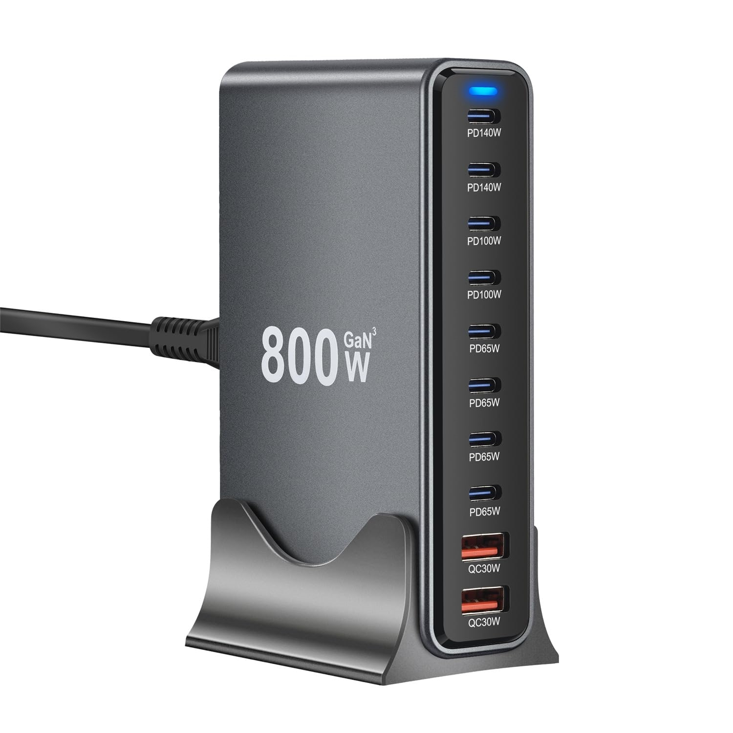 Graue 800W GaN3 Ladestation mit mehreren USB-C und USB-A Anschlüssen.