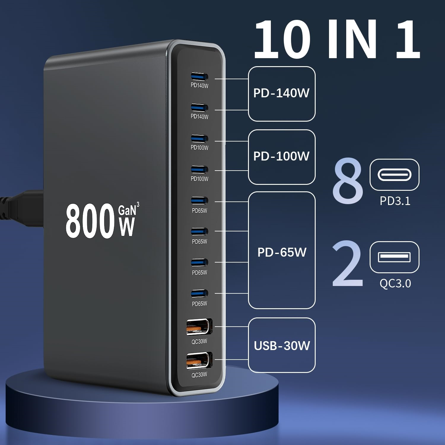 Ein schwarzer 10-in-1-Ladegerät mit 800W Gan3, mit mehreren PD- und USB-Anschlüssen.