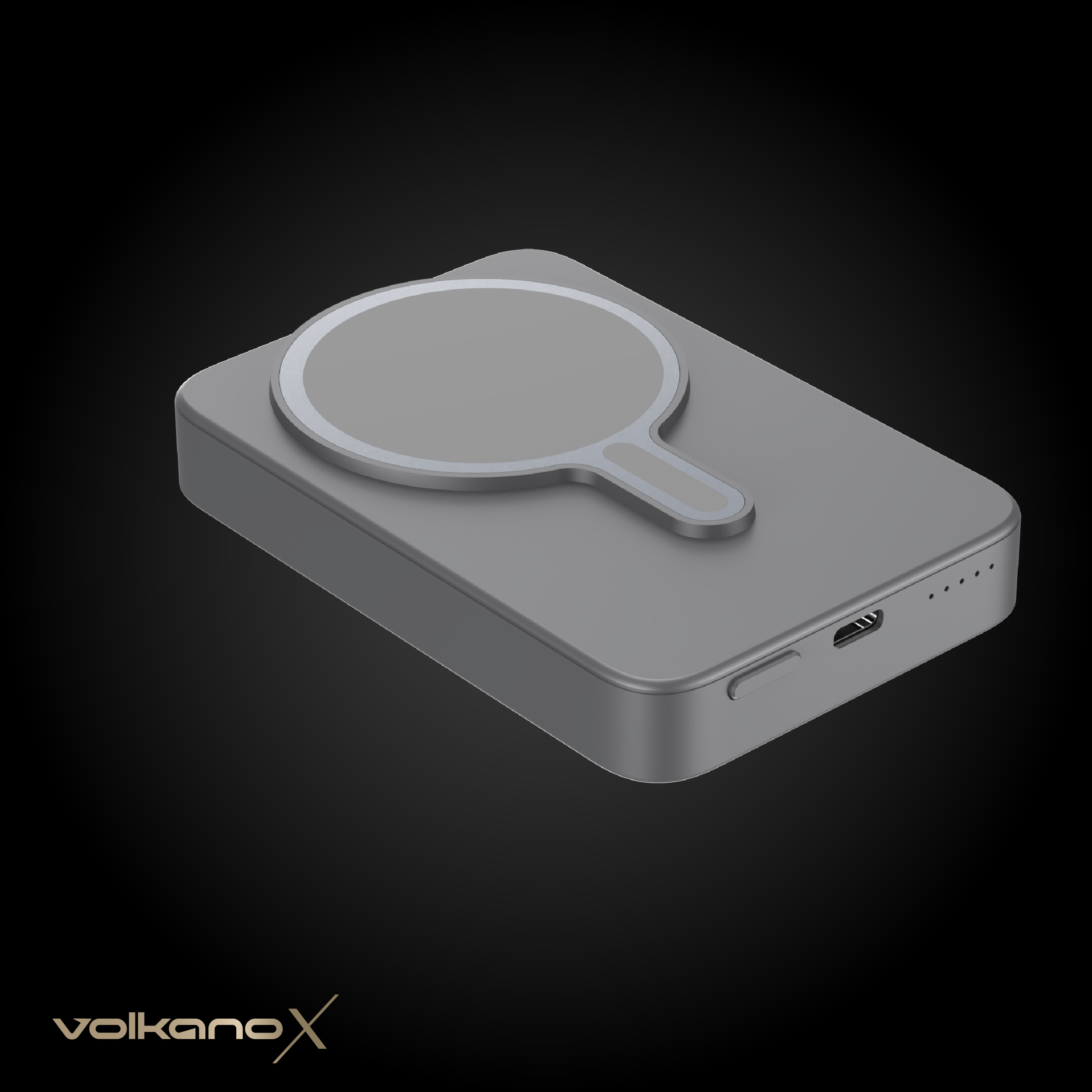 Grauer MagSafe-kompatibler Akku mit USB-C-Anschluss und vier Ladeanzeigen.