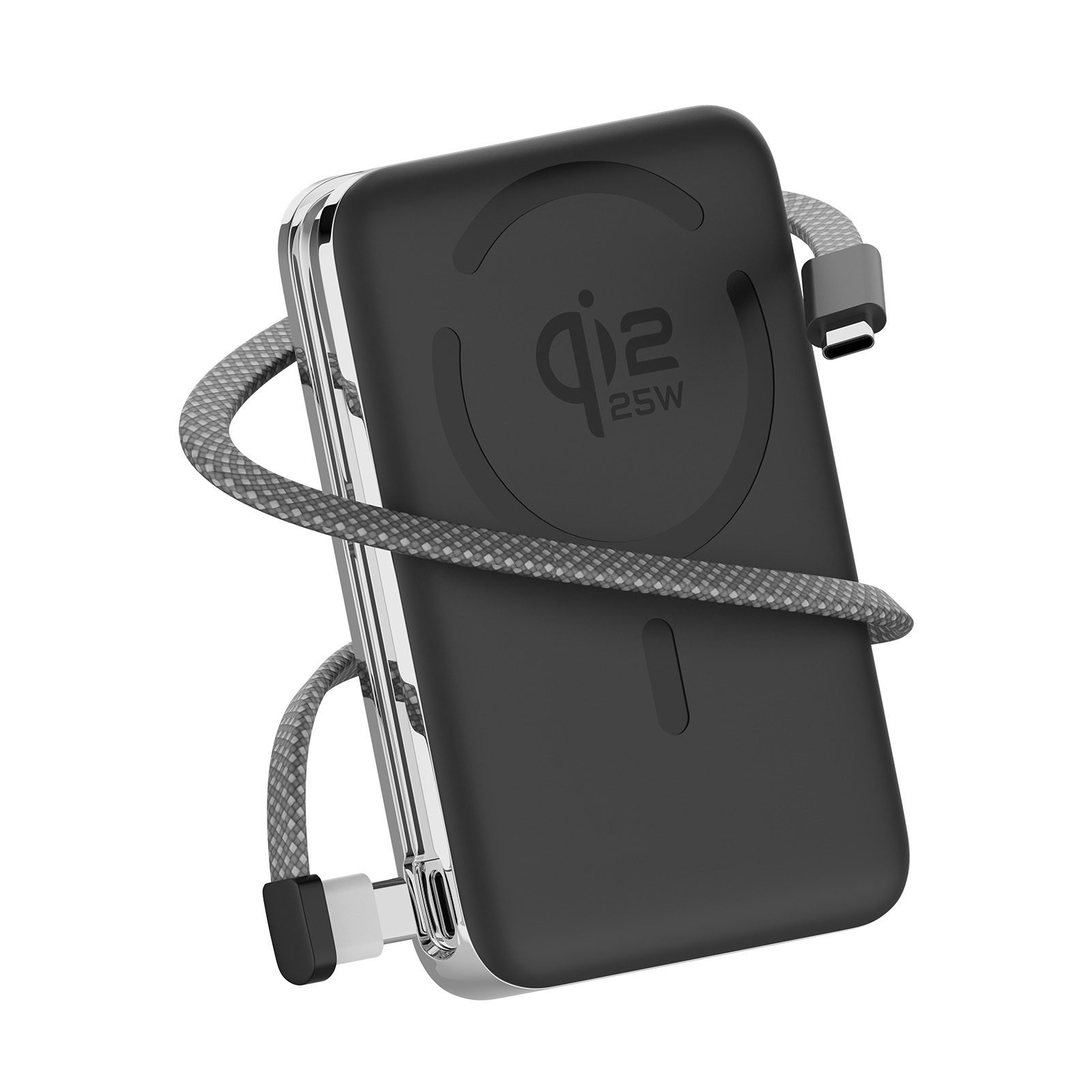Schwarzes Qi-Ladegerät mit weißem USB-C-Kabel, umwickelt mit einem grauen Kabel.