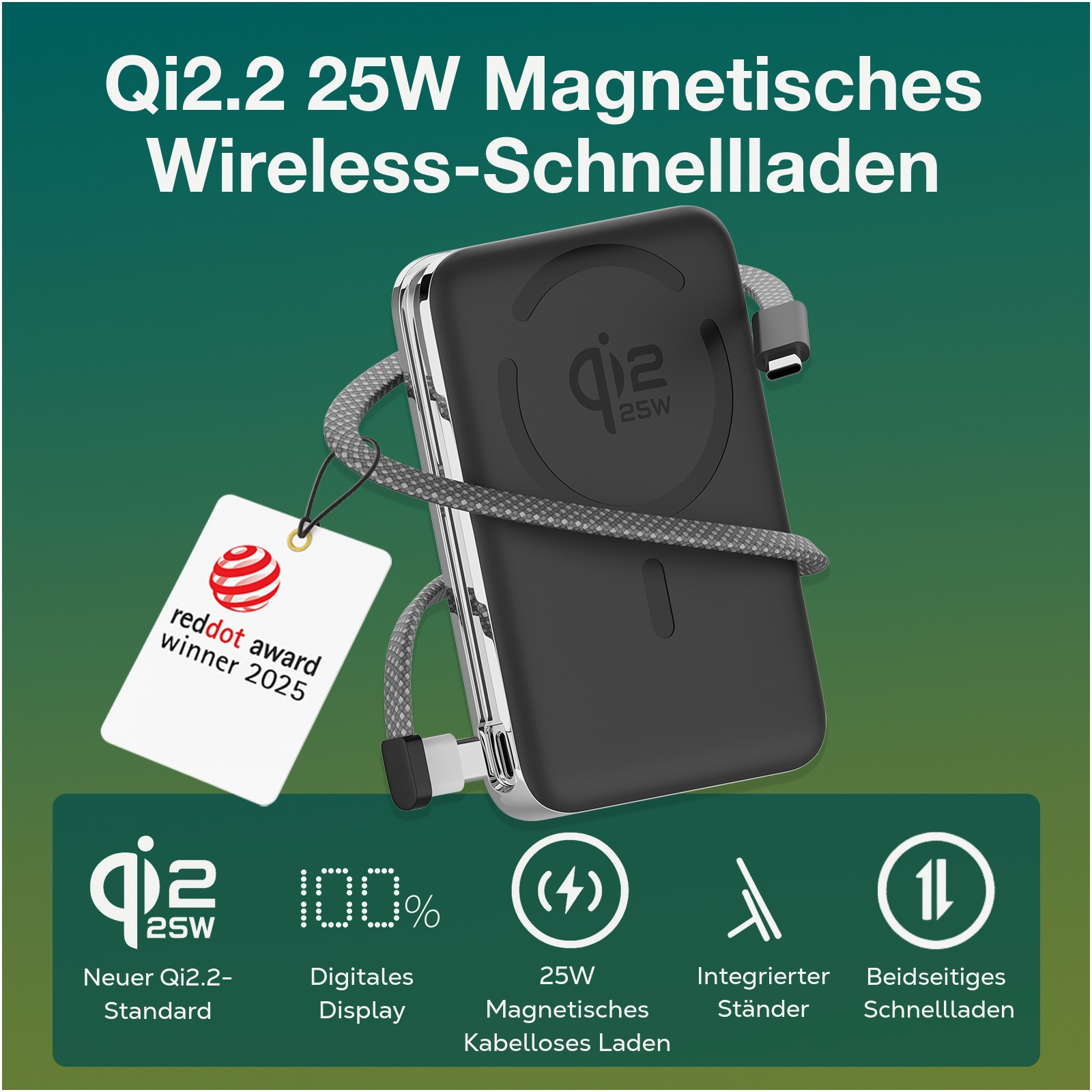 Schwarzes Qi2.2 25W Ladegeät mit rotem Reddot Award Siegel und Icons.