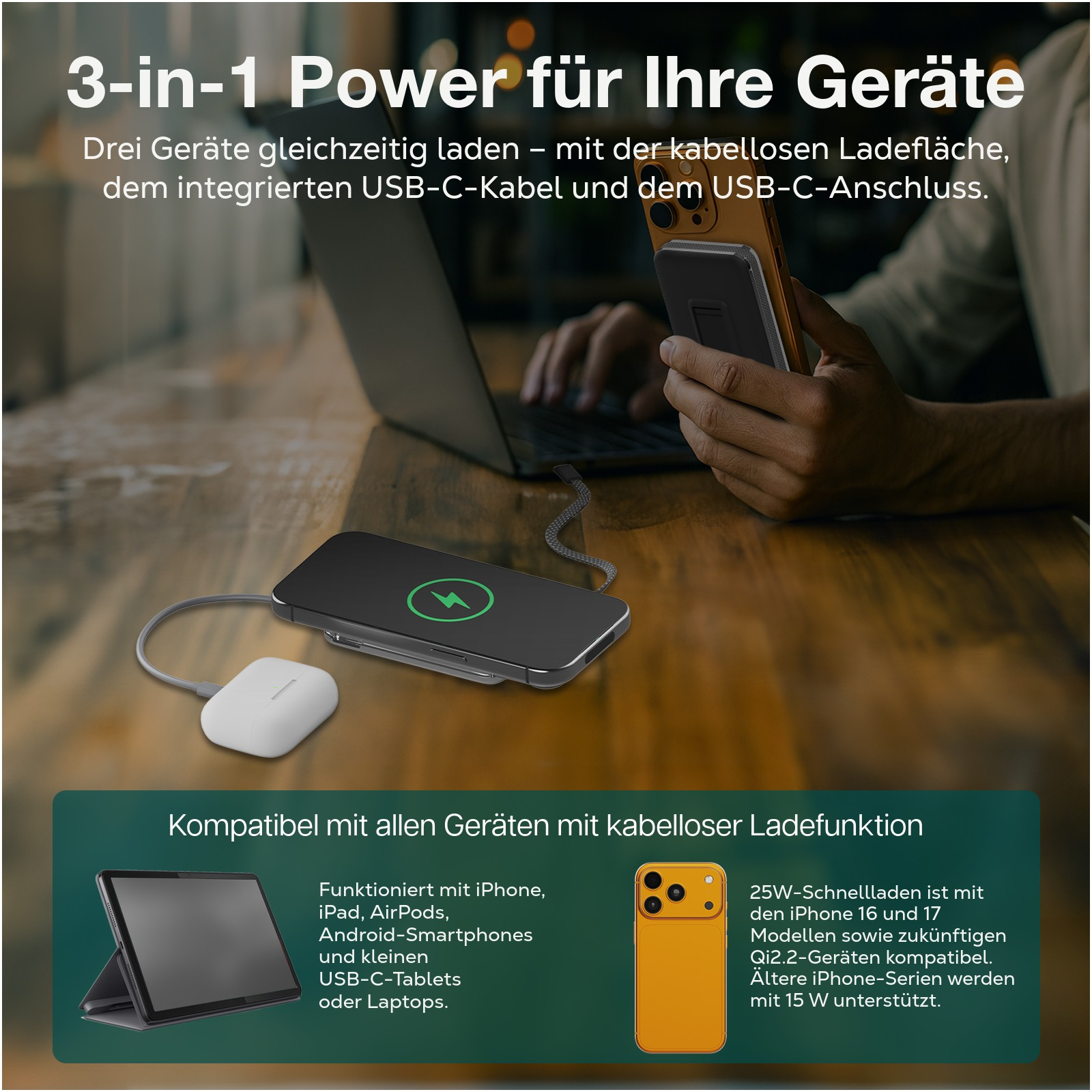 Eine Person lädt Geräte kabellos und per USB-C. Zeigt Tablet, Telefon und Ohrhörer.
