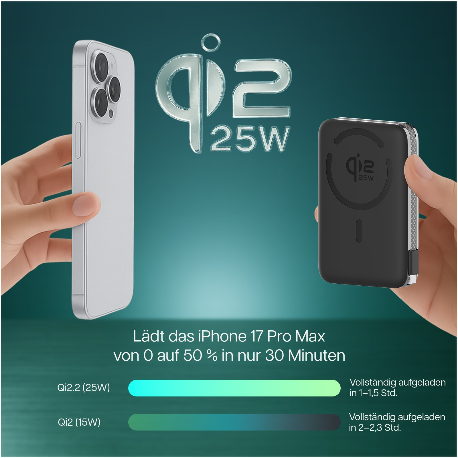 Ein silbernes iPhone und ein schwarzes Ladegerät mit Qi2 25W Logo.