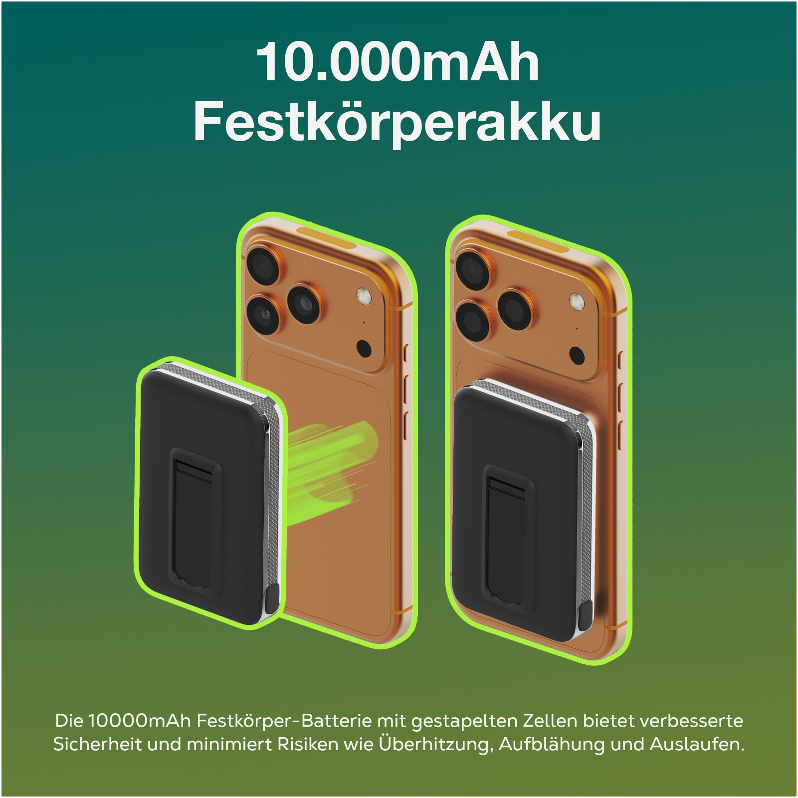 Zwei goldene iPhones mit schwarzen Akkus im Vordergrund. Grüner Lichtstrahl.