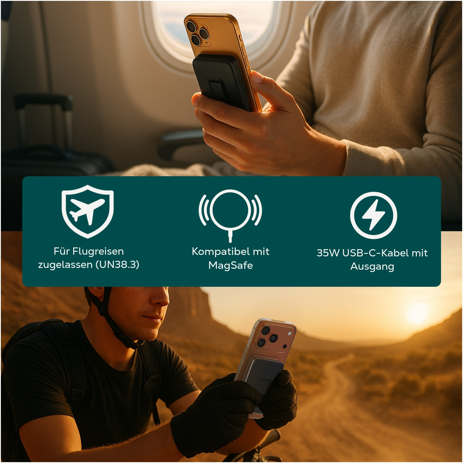 Mann im Flugzeug hält Handy, Mann auf Fahrrad mit Handy, Icons für Reisen, MagSafe, USB-C.