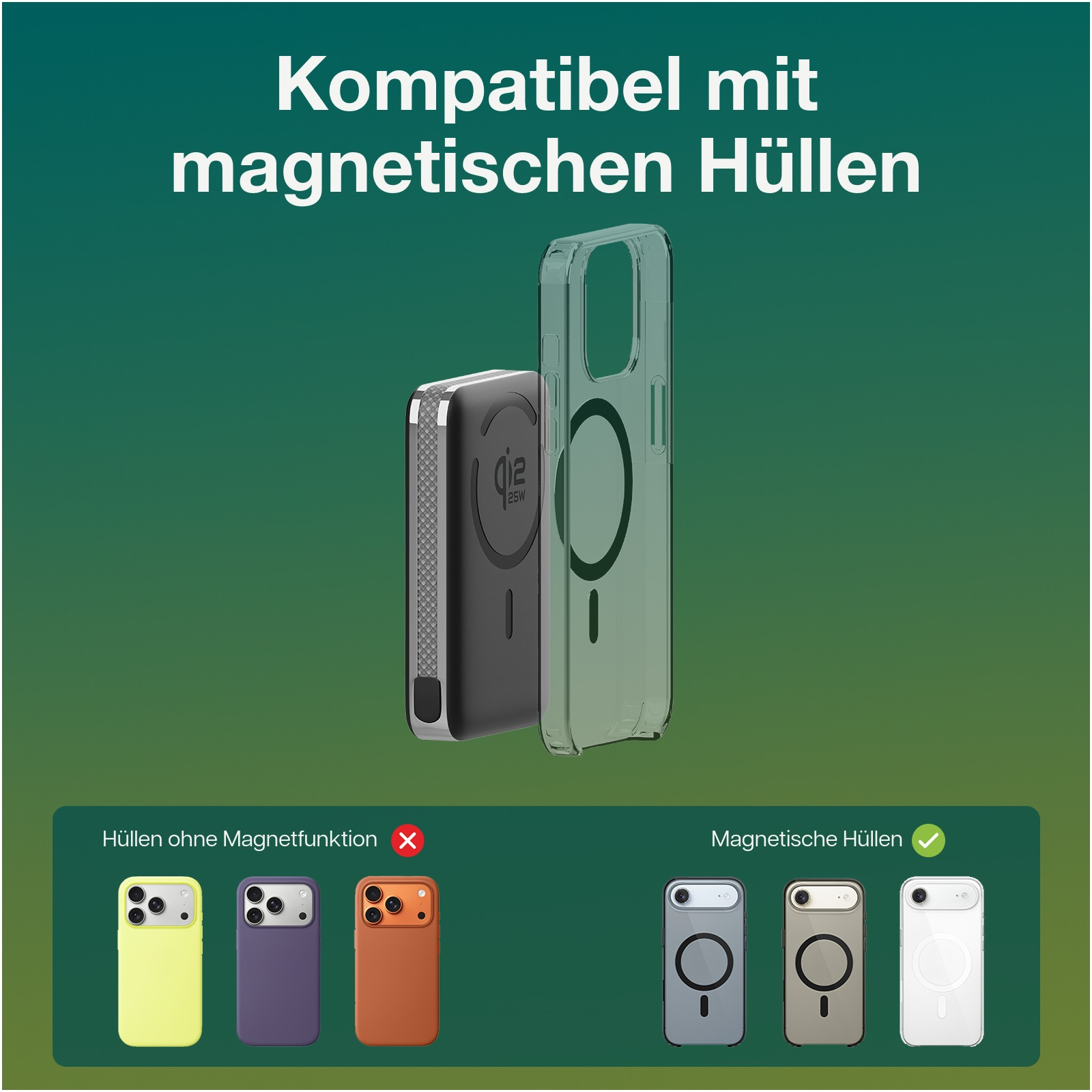 Ein schwarzer Akku und eine transparente Hülle mit Magnetring.